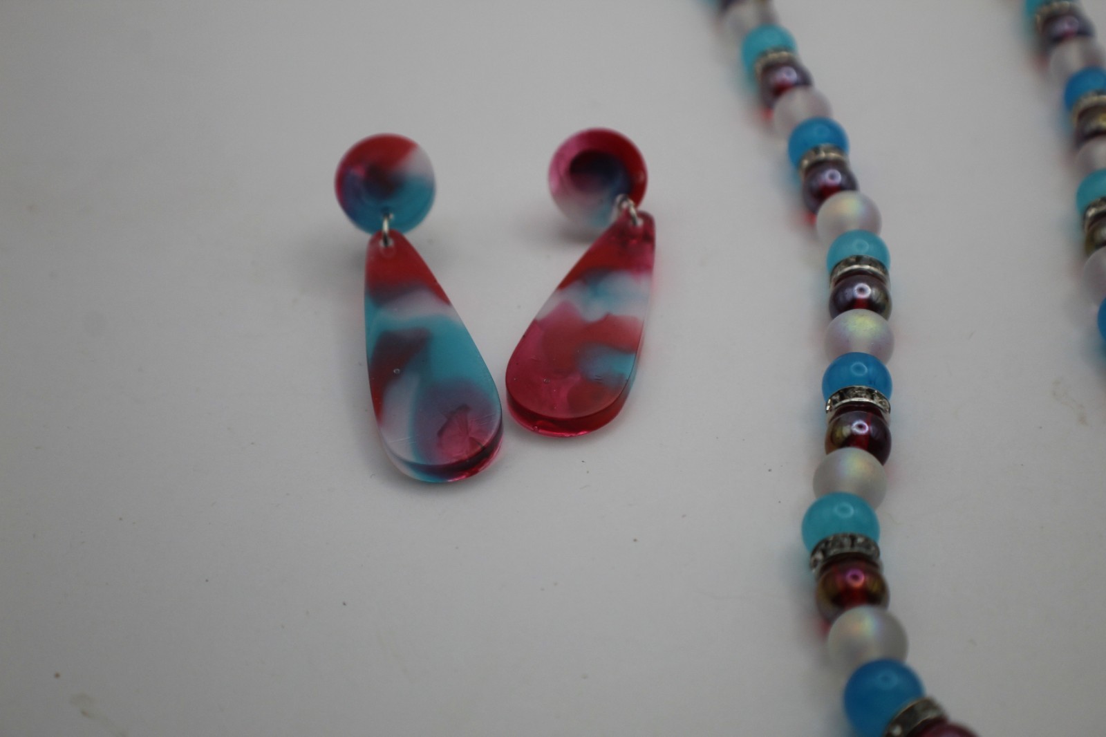 Red White And Blue Resin Jewelry Set With Large Abstract Pendant