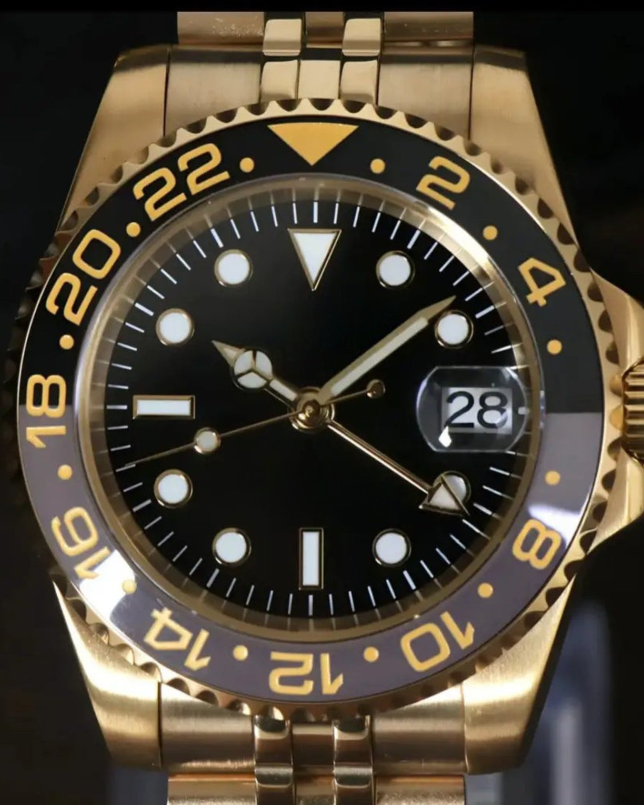 PrimeCrown Gold GMT Watch | Black 24h Bezel | Authentic Seiko NH34 Movement