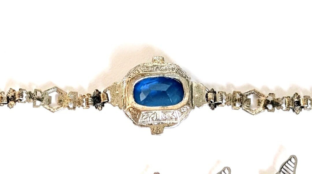 VintageEdwardian Filigree Silvertone Blue Glass Lariat Necklace and Bracelet