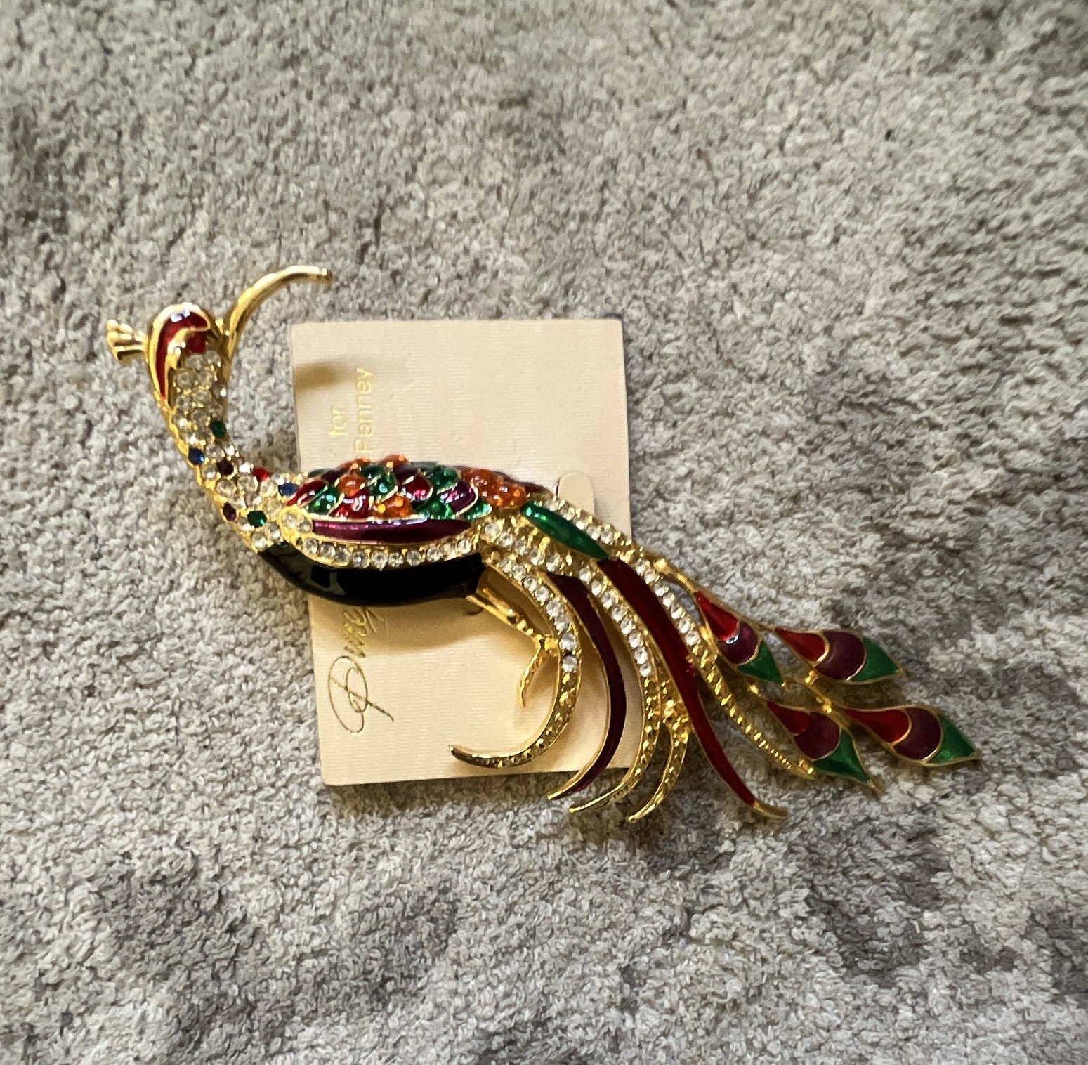 Vintage JCPenney Bird Brooch Pin Gold Tone Enamel Rhinestone Red Green Black