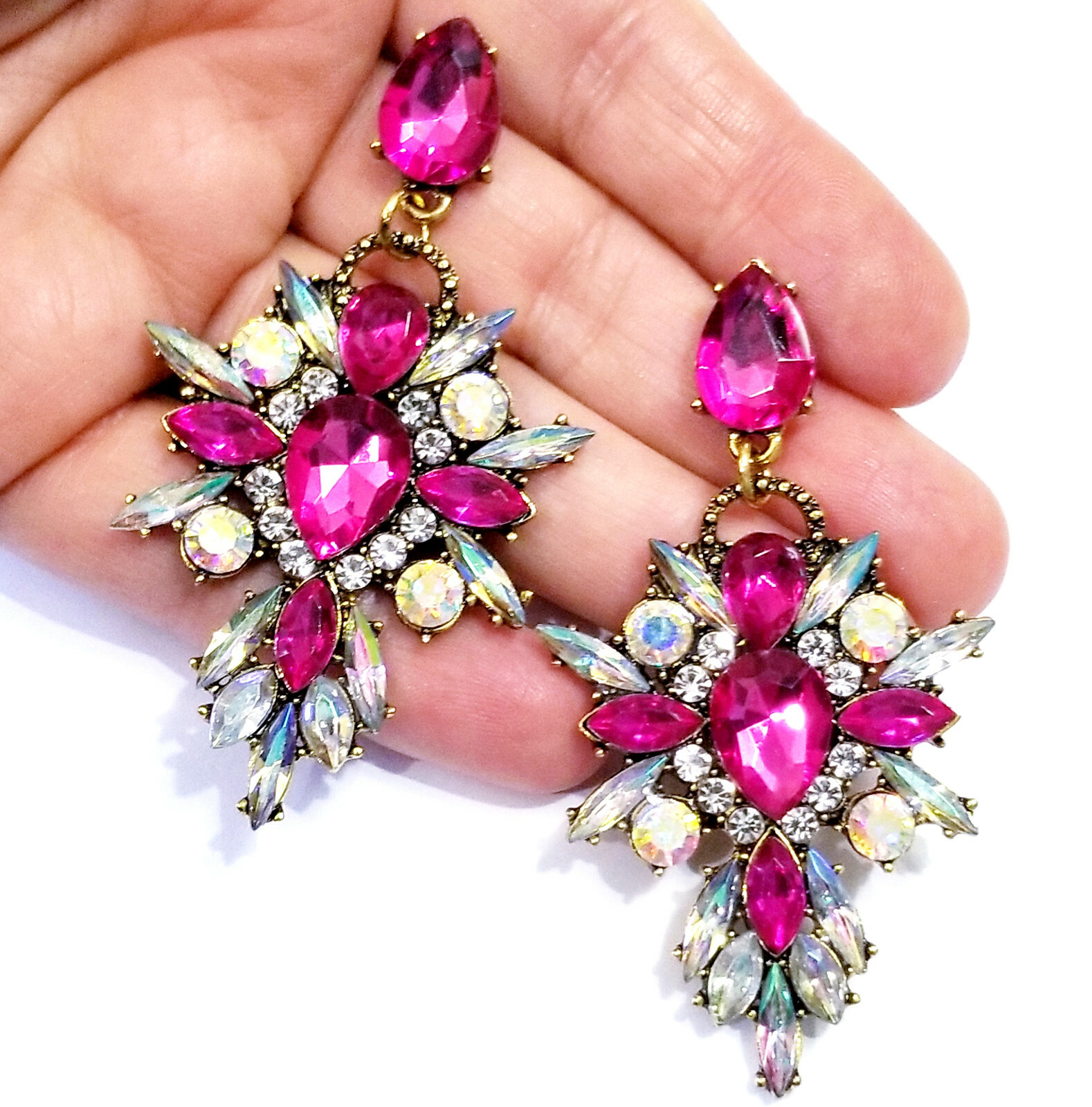 Chandelier Earrings Pink Rhinestone Crystal 2.8 in