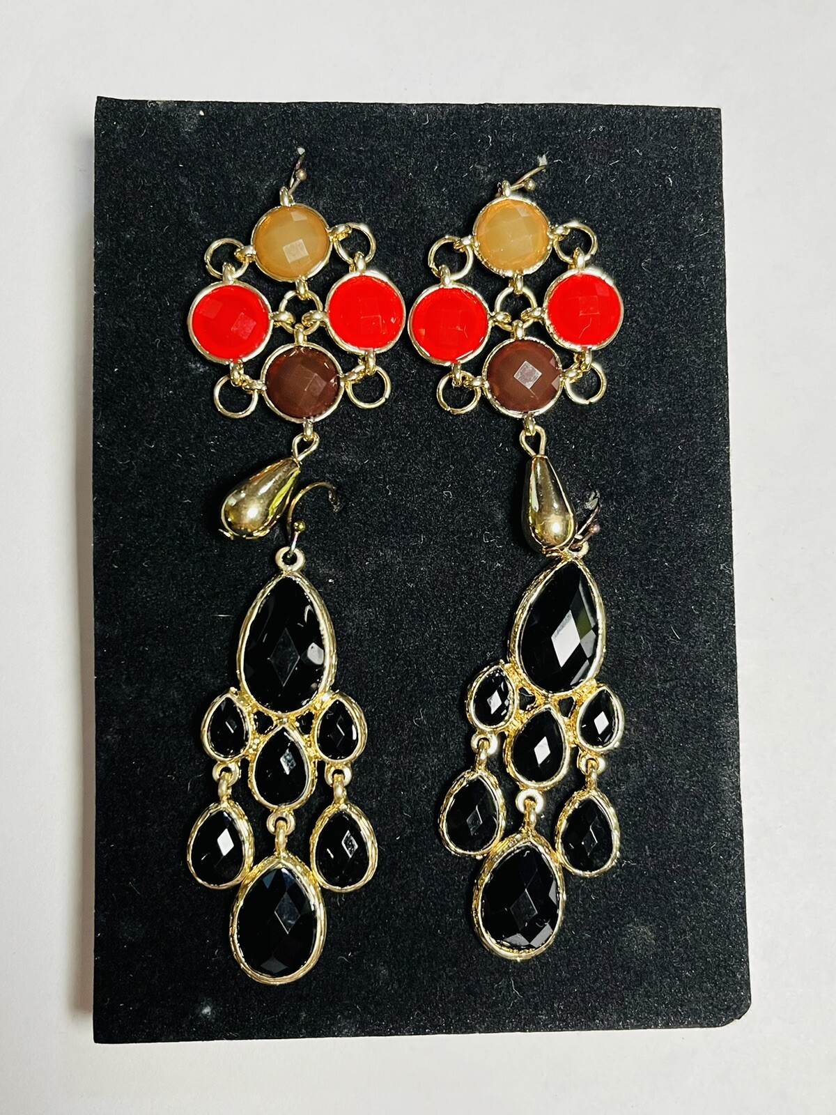 Modern Southwestern Hook Earring Set of 2 Red Black Gold Tone Chandelier 2-2.25″