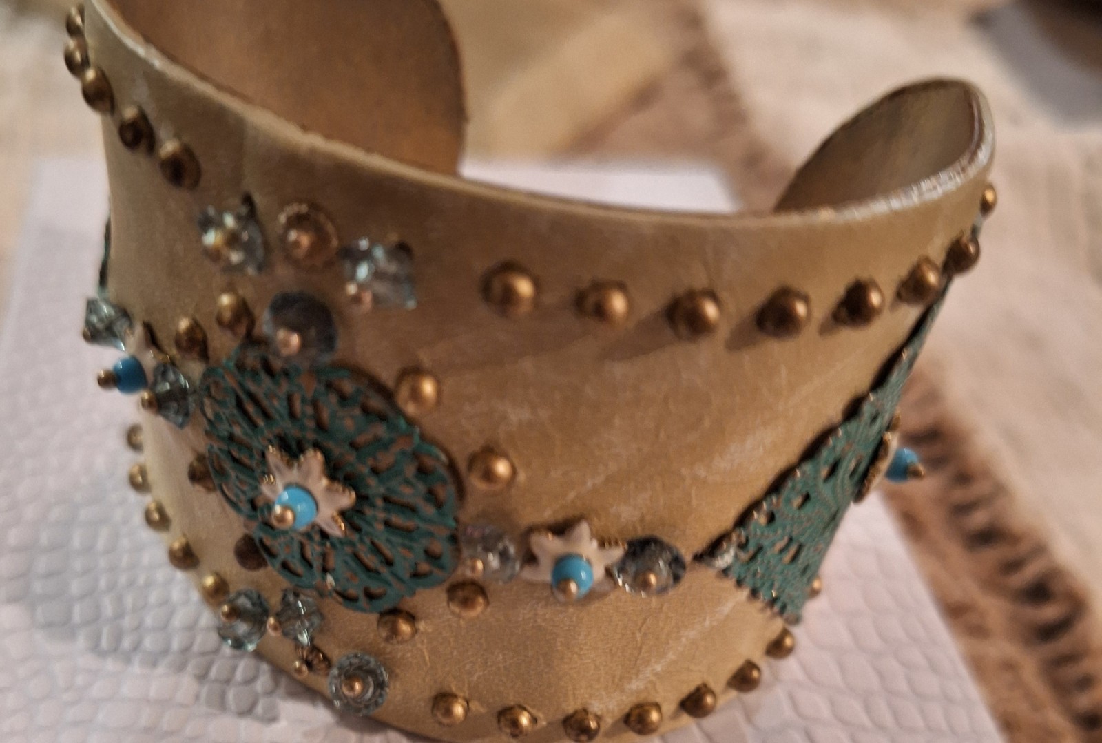 Western Embellished Leather Cuff Crystal,Metal,Enamel Embellishments 2″ wide