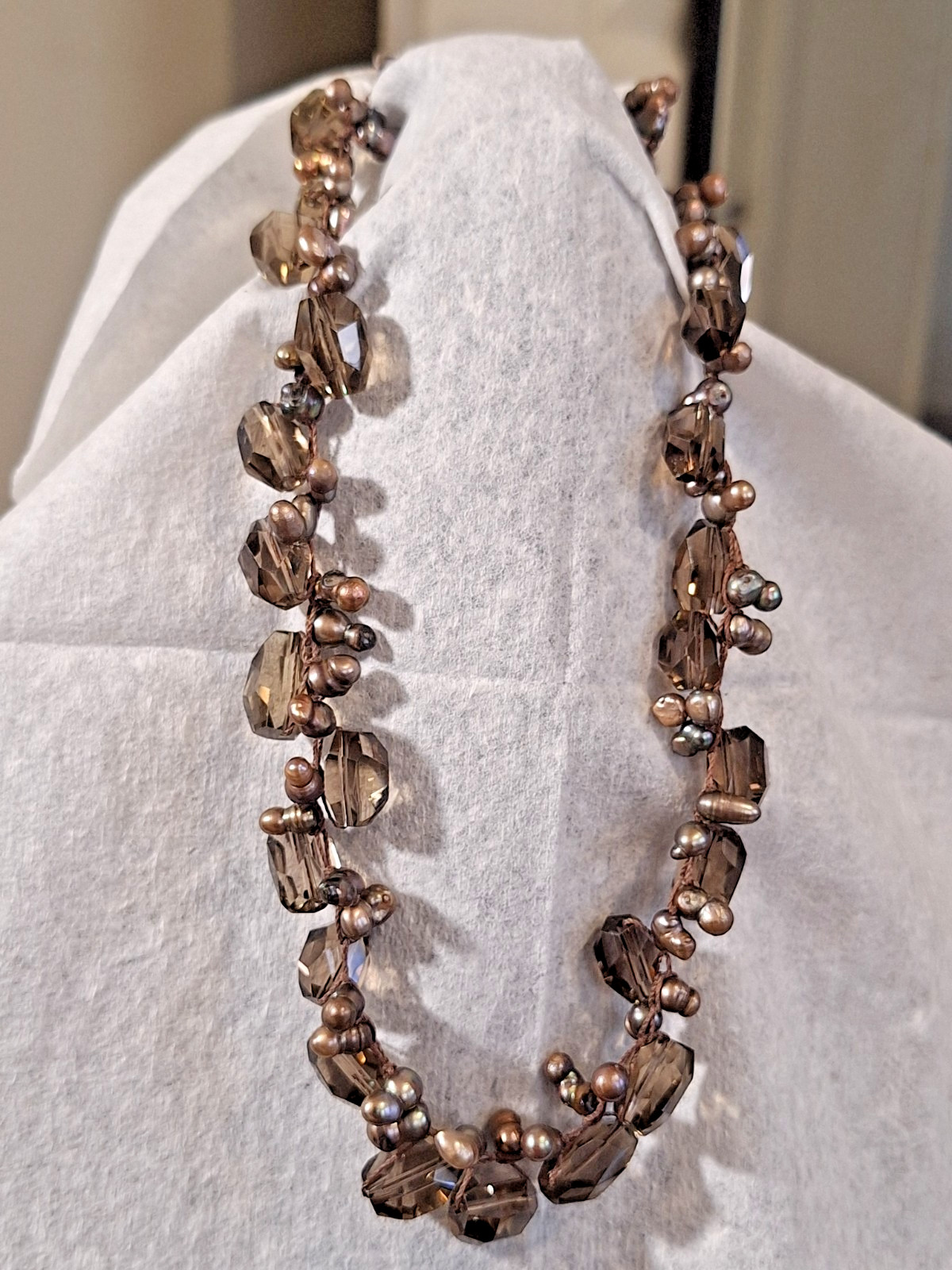 Hand Knotted Smokey Quartz Beads & Cultured Keshi Pearls Necklace with Sterling