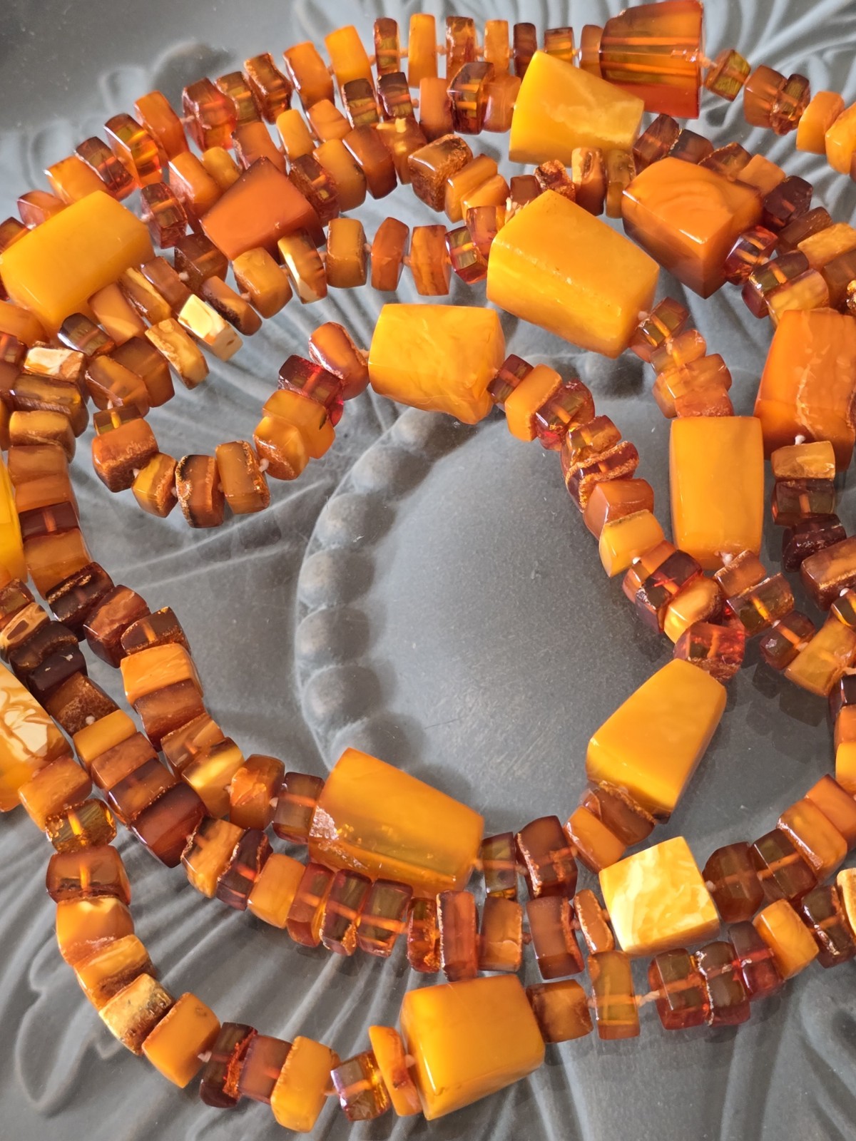 VTG GENUINE BALTIC EGG YOLK & HONEY AMBER BEADED NECKLACE 152 Grams☆ART DECO☆70″