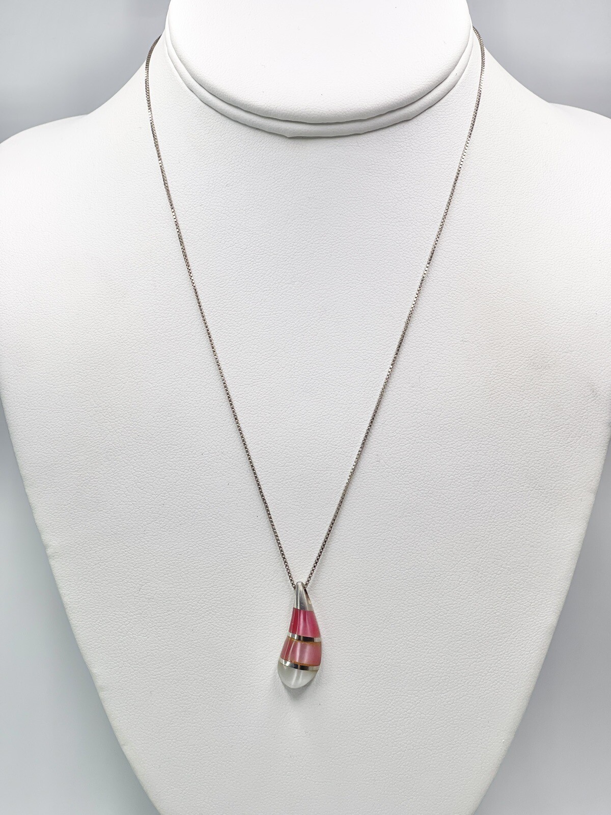 Necklace Sterling Silver Mother Of Pearl Dyed pink Box Chain Makers Mark 925 17”