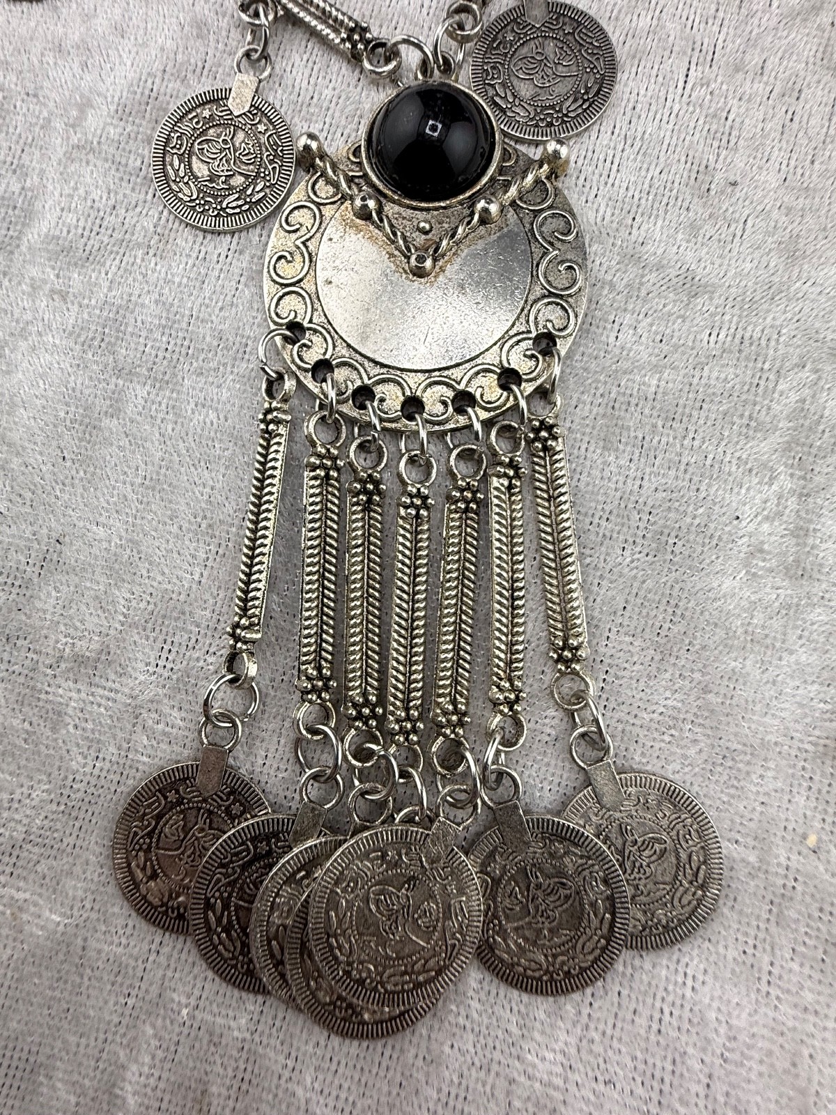 Faux Coin Necklace Silver Tone Fringe 24”