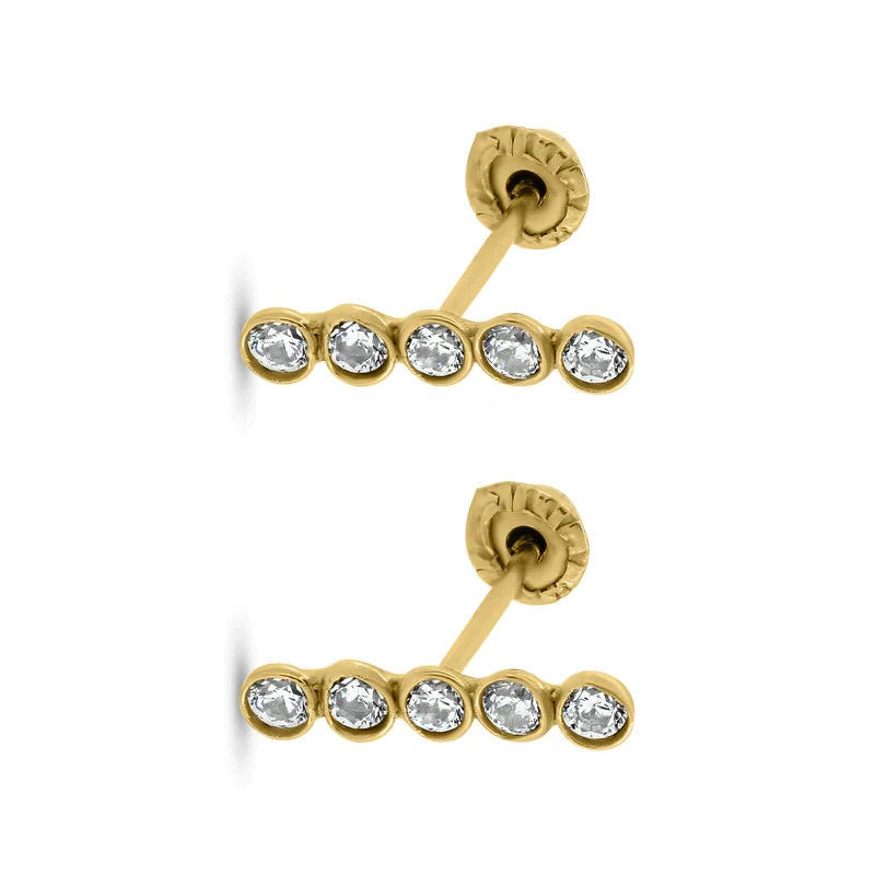 14 Karat Yellow Bar Clear Round CZ Screw Back Earrings