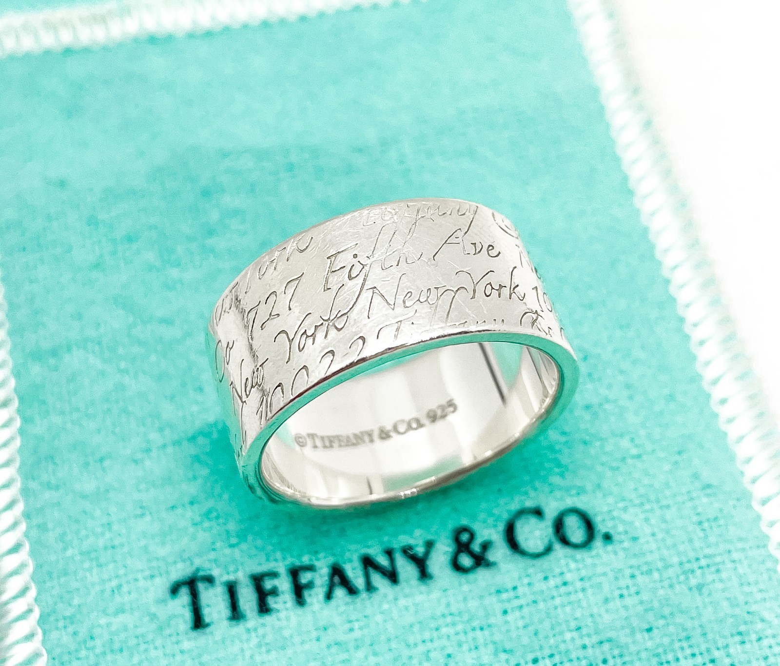 Tiffany & Co. Notes Script Fifth Avenue New York Wide Band Ring Silver Size 8.75
