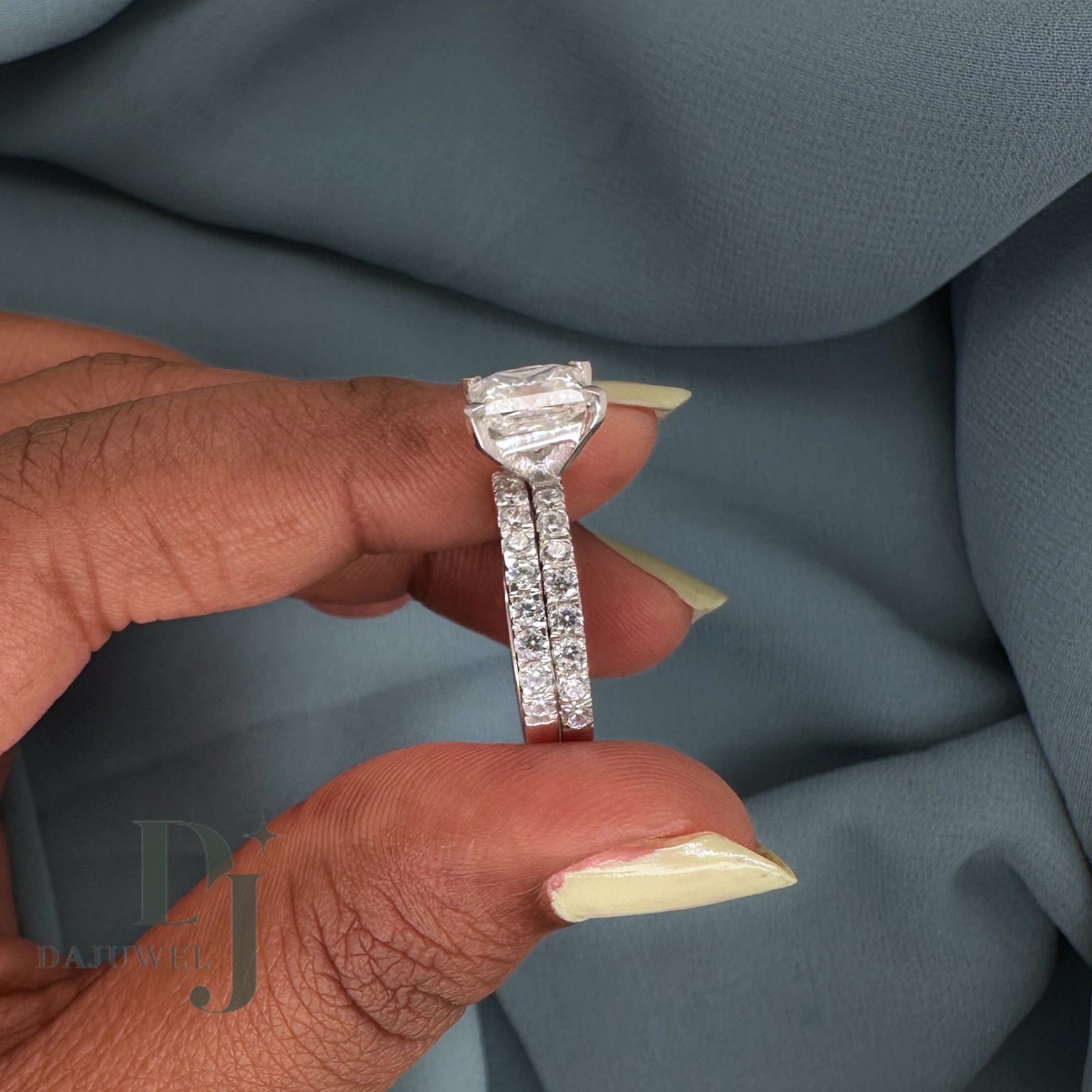 Moissanite Bridal Set Engagement Ring Princess Cut 3 Carat Solid 14K White Gold