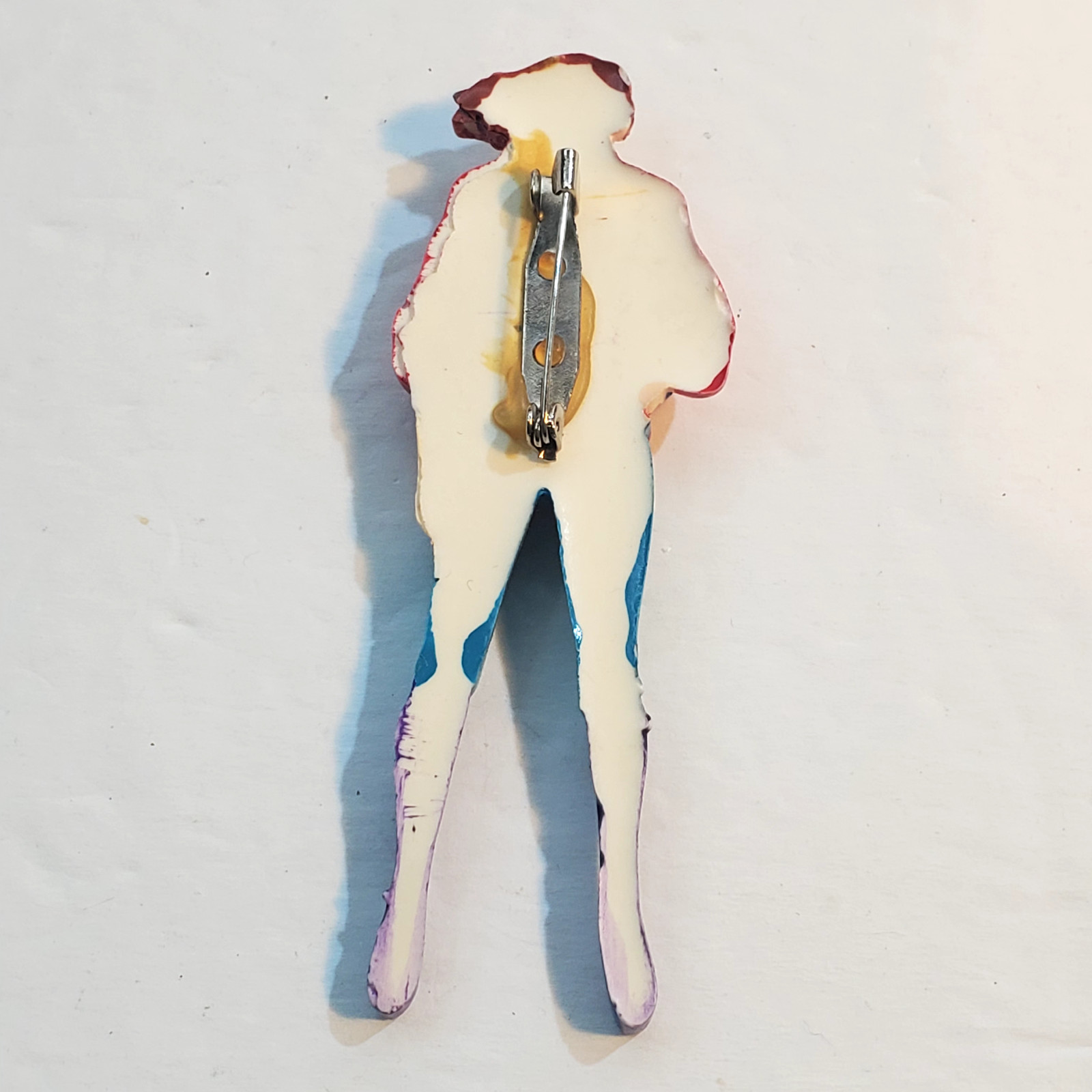 Vtg Molded Painted Plastic Resin Fashion Lady Red Sweater Jeans Boots Brooch Pin