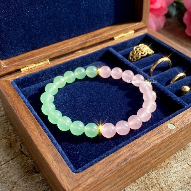8mm Rose Quartz & Green Aventurine Half Half Stretch Bracelet Love Luck Crystal
