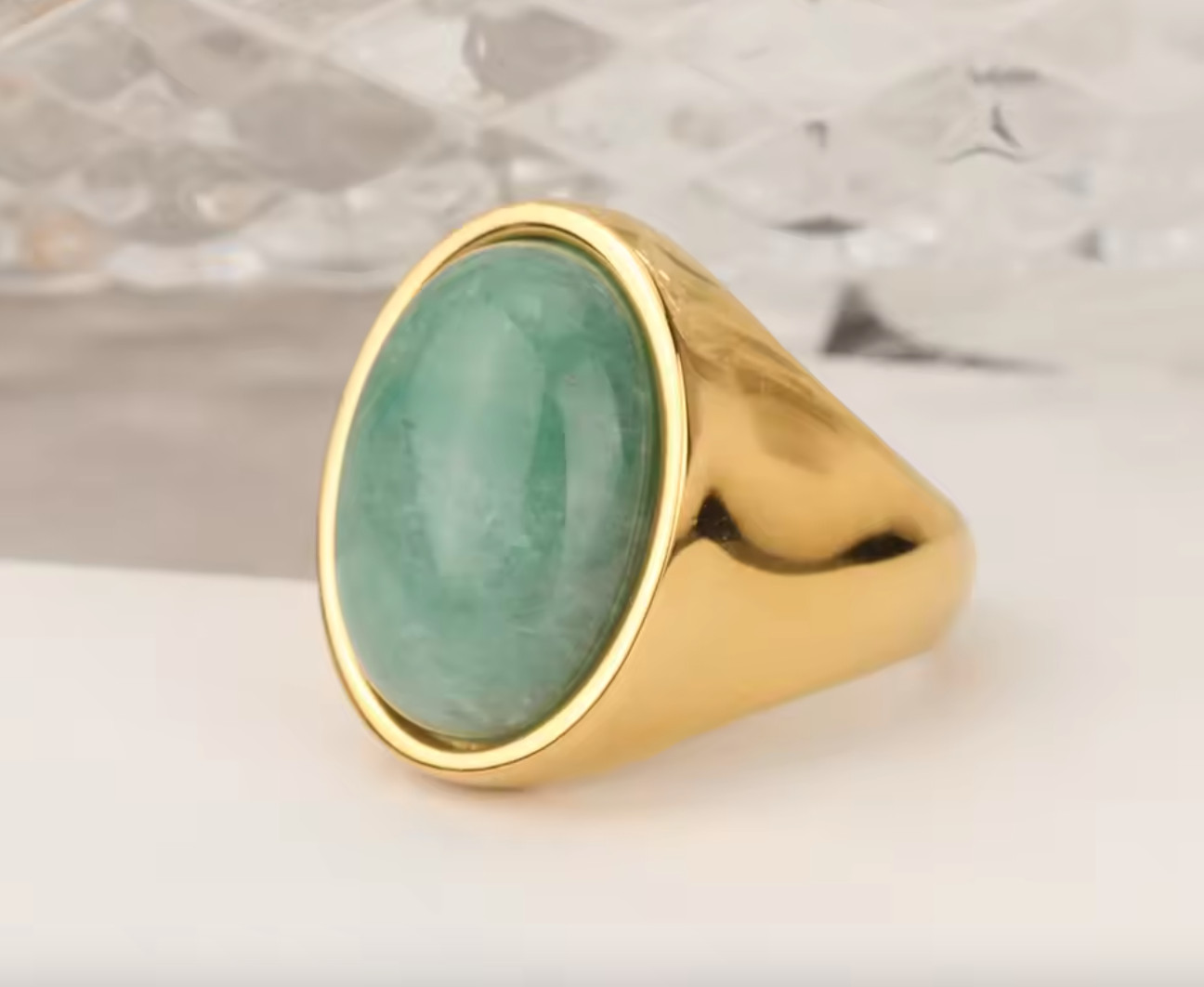 Men’s Ring Stainless Steel Gold Color Green Jade Oval Shape Natural Gemstone