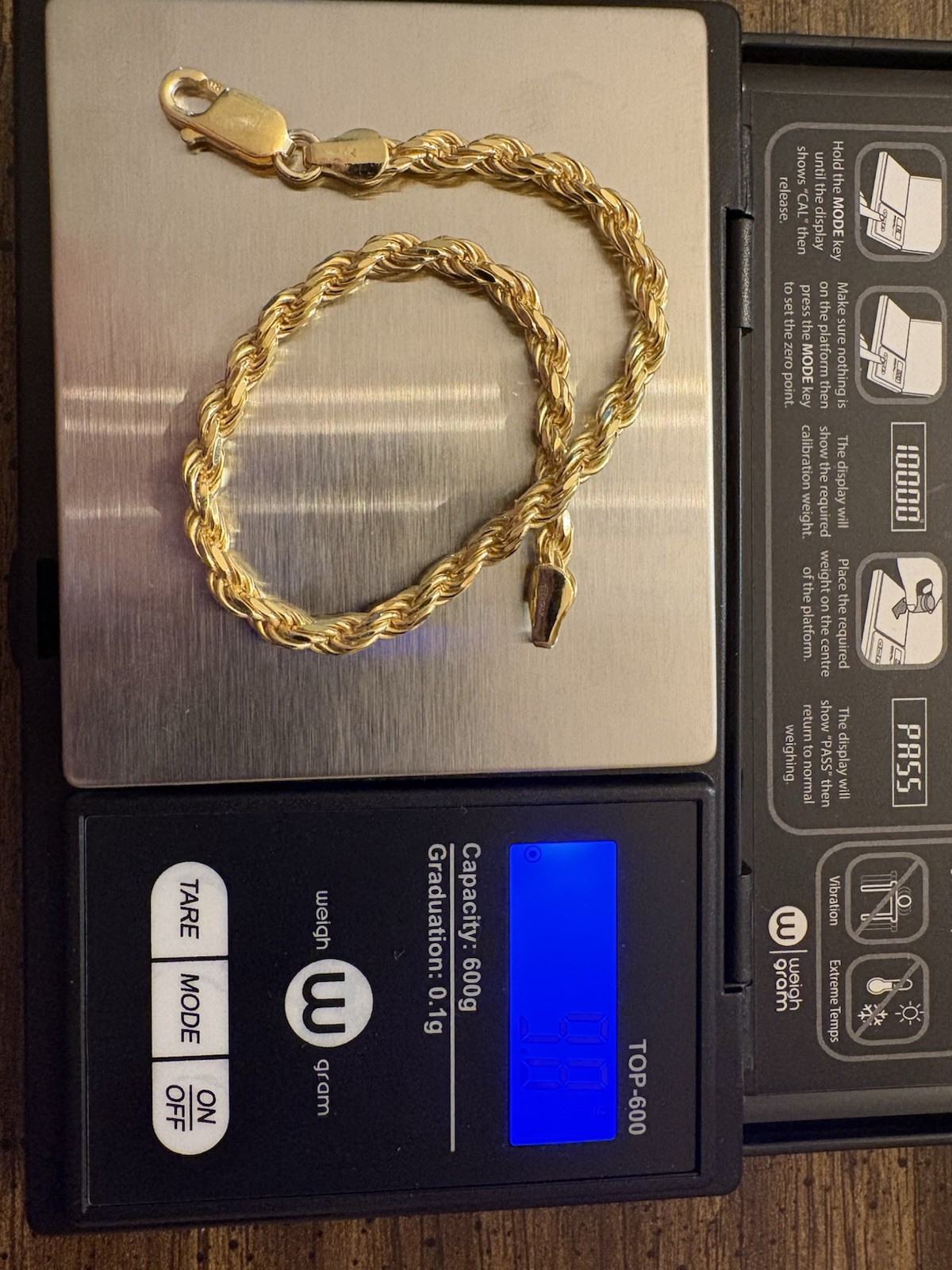 Sterling Silver 925 Gold-Over Rope Chain Bracelet 3.9mm 8in 9.8 Grams