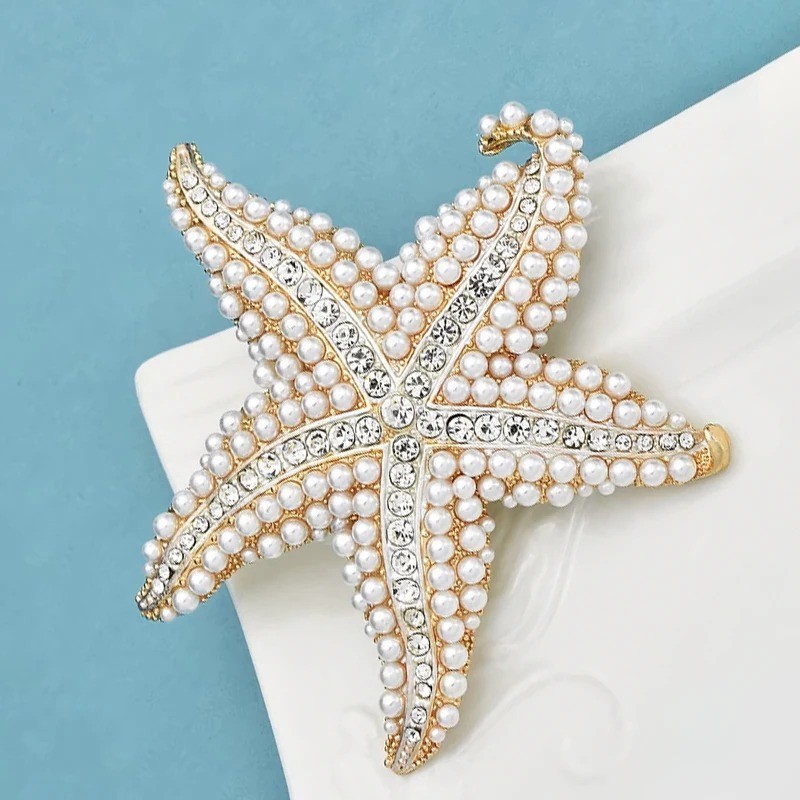 Starfish Brooch Pin Pearl Crystal Gold Nautical Ocean Jewelry Gift for Women