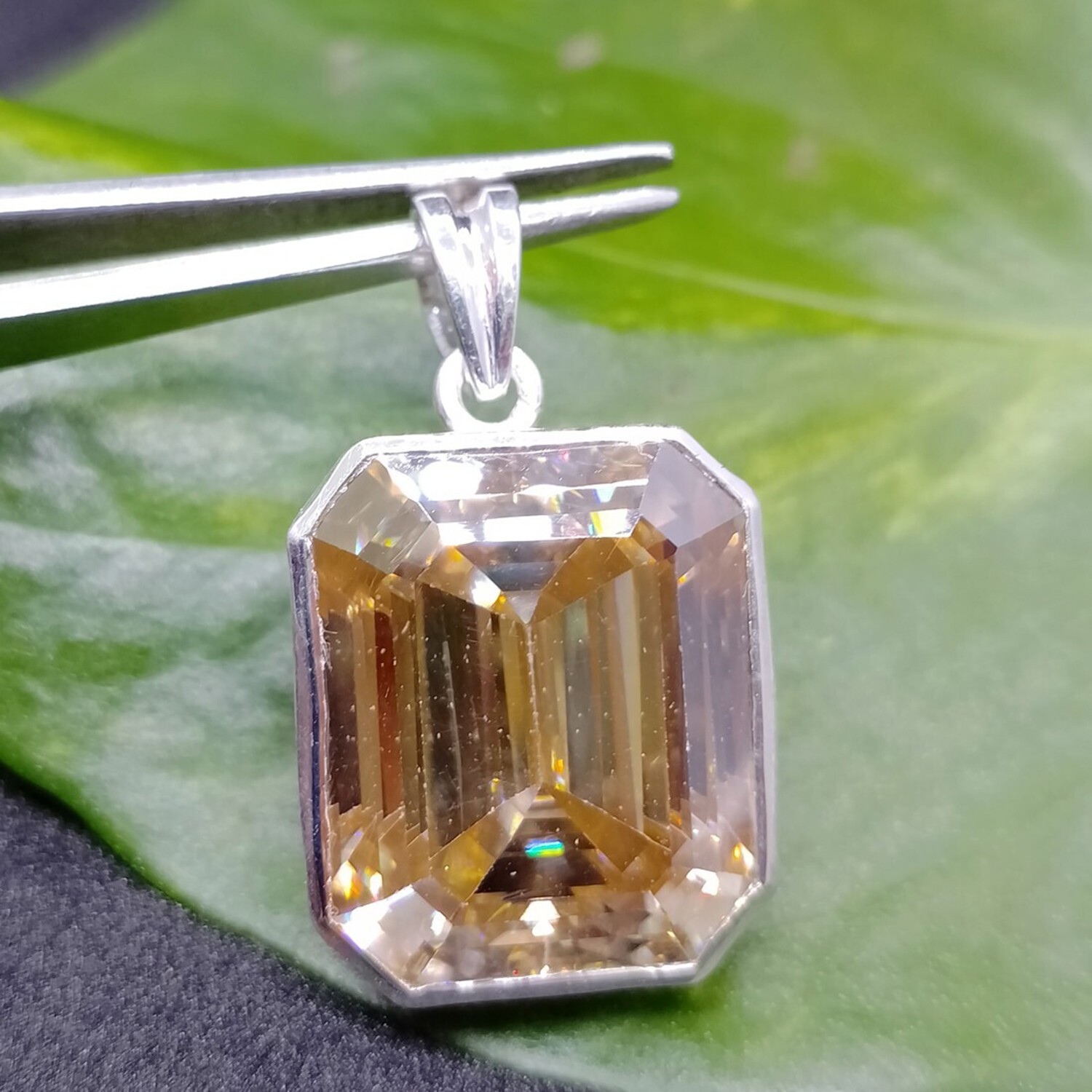 Wedding Gift 21.5 Ct Champagne Emerald Cut Lab Grown Drop Necklace 925 Silver