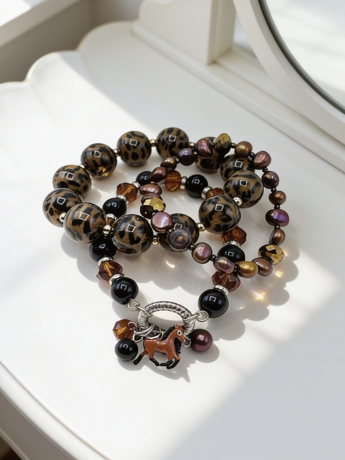 Western Horse Charm Stretch Bracelet Stack Set | Leopard Print, Faux Pearls