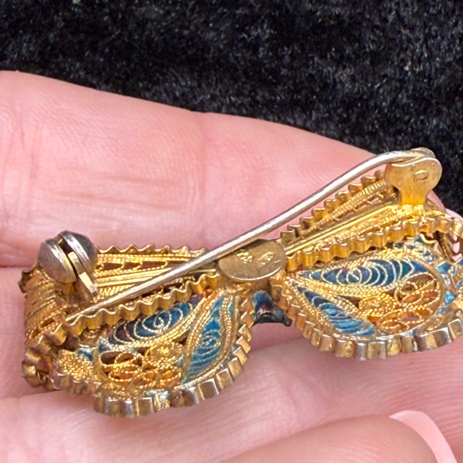 Vintage Chinese Export Brooch Bow 800 Silver Enamel Blue