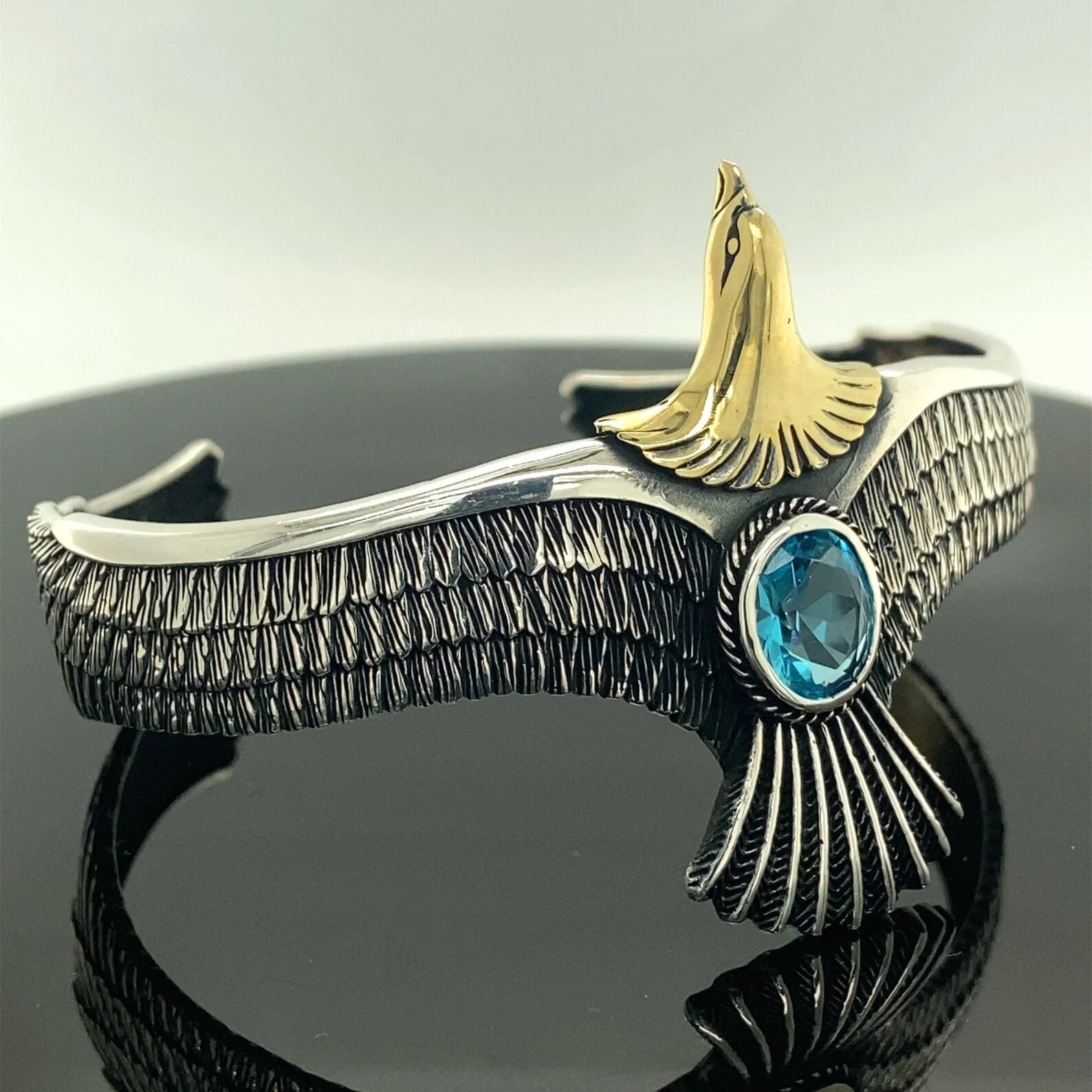 German Silver 925 Stamped Eagle Bracelet with Aquamarine Cuff Bangle