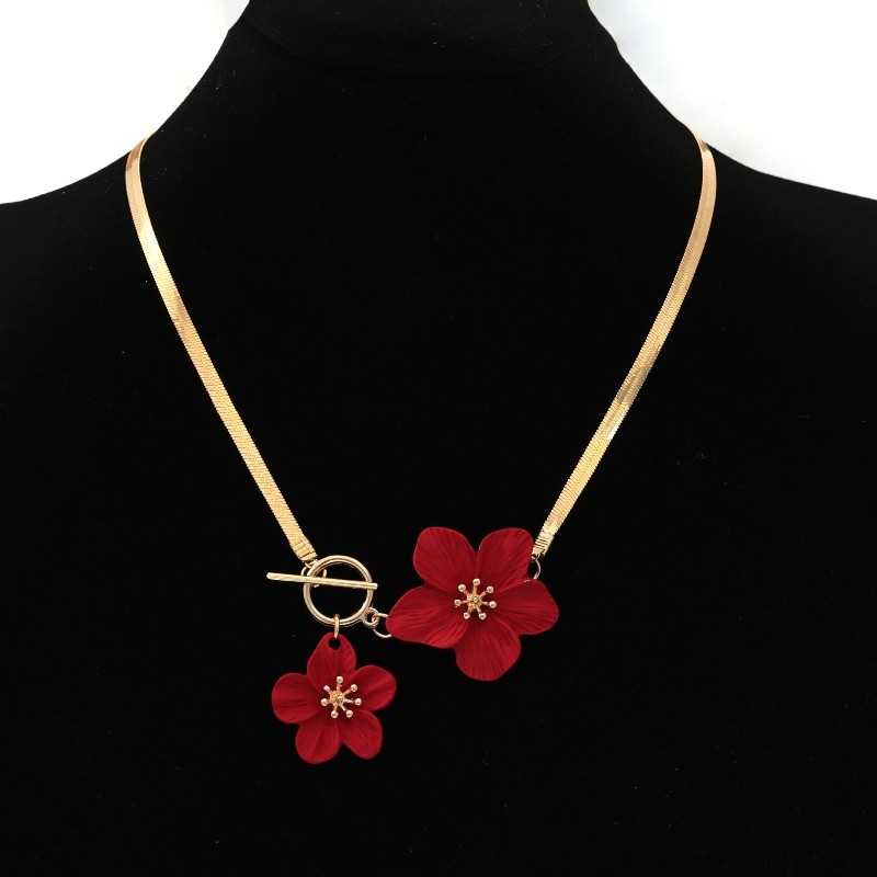 Women’s Fashion Elegant Red Flower Pendant Necklace Earring Set Alloy Jewelry
