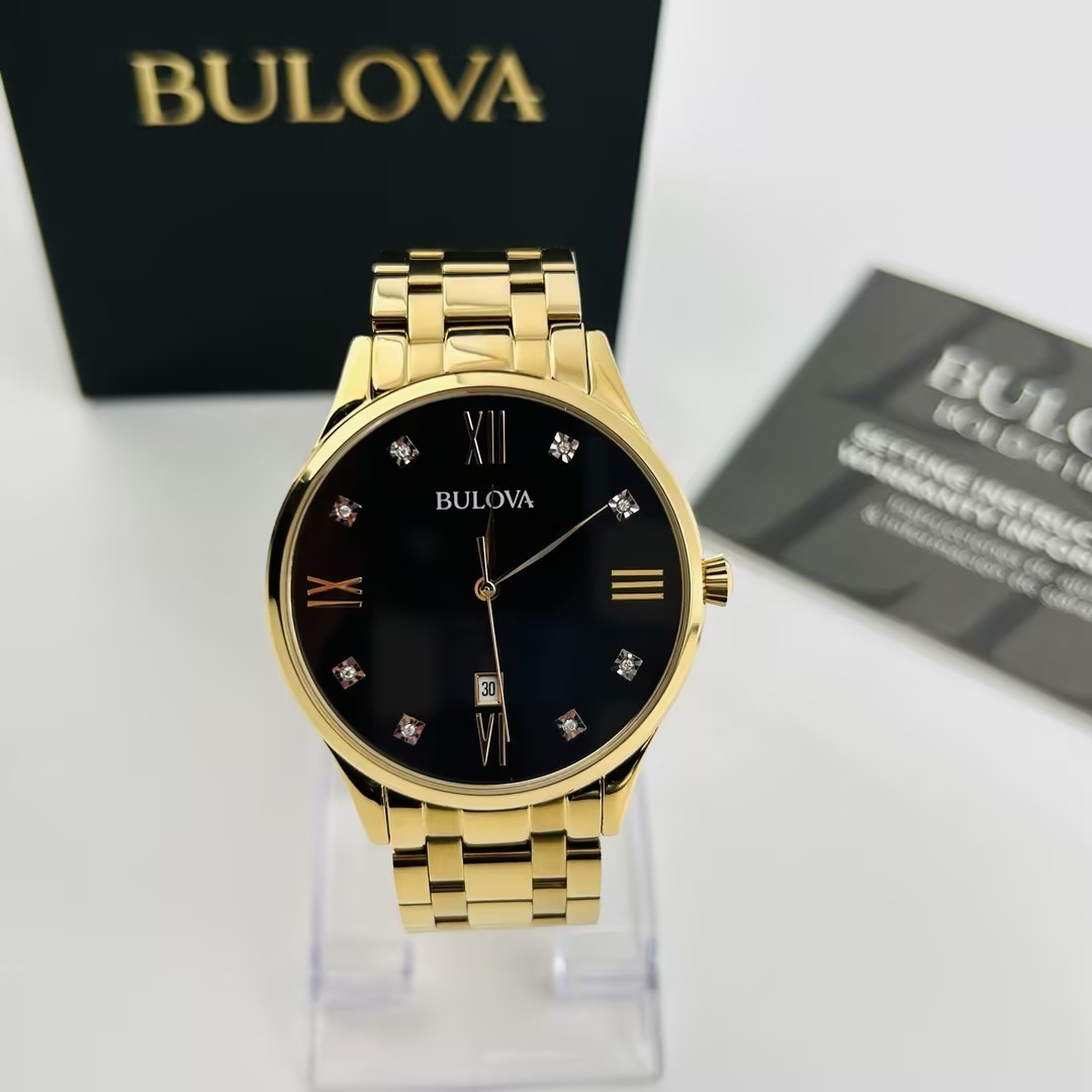 Bulova 97D108 Diamond Black Dial Gold-Tone Bracelet Men’s Quartz Watch New 40mm