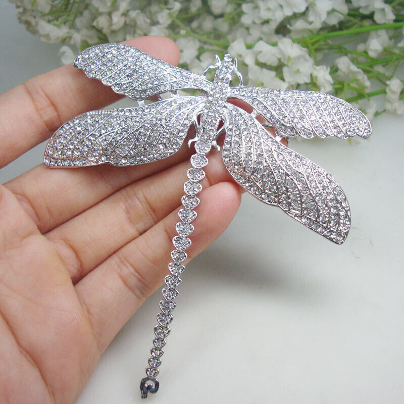 Silver Tone Luxury Dragonfly Insect Woman’s Brooch Pin Clear Rhinestone Crystal