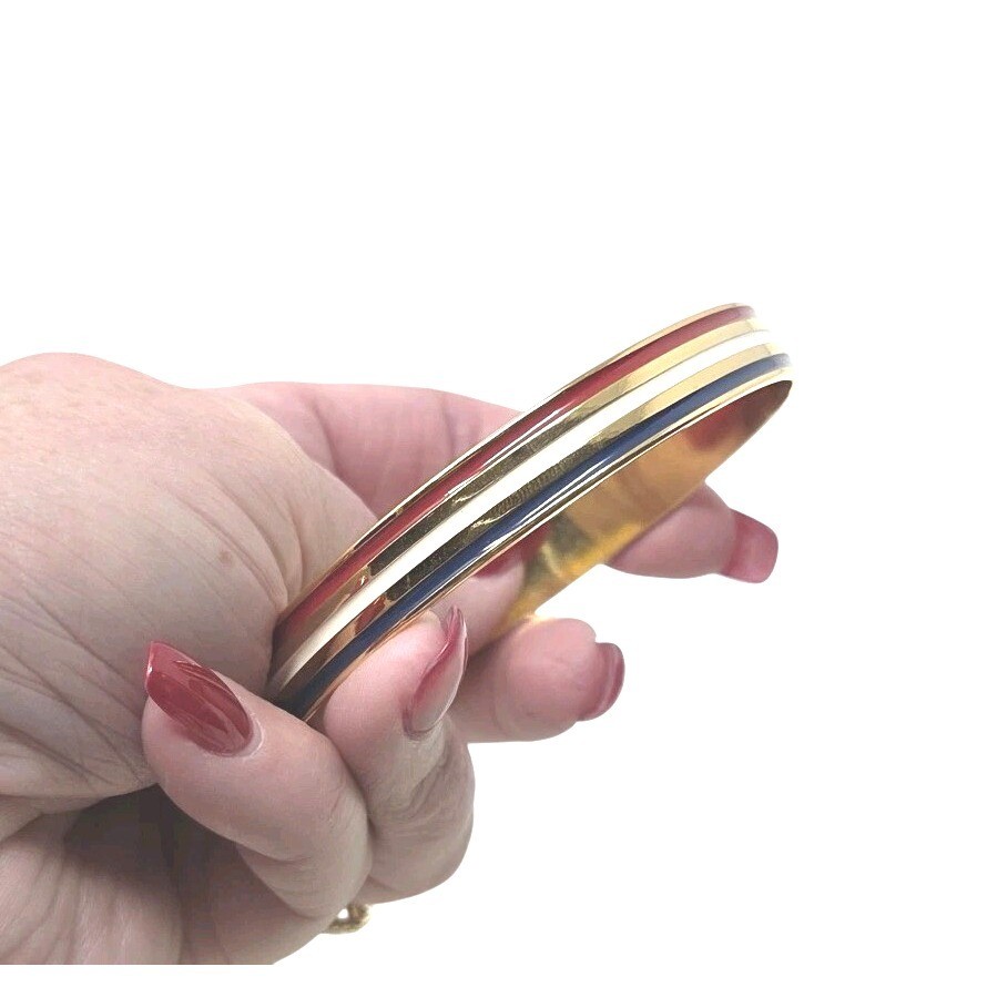 VINTAGE Red White & Blue Enameled Gold Tone Metal Bangle Bracelet