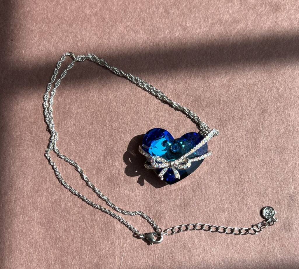 Vintage Qianse Swarovski Crystal Blue Heart Love You Forever Necklace 16″