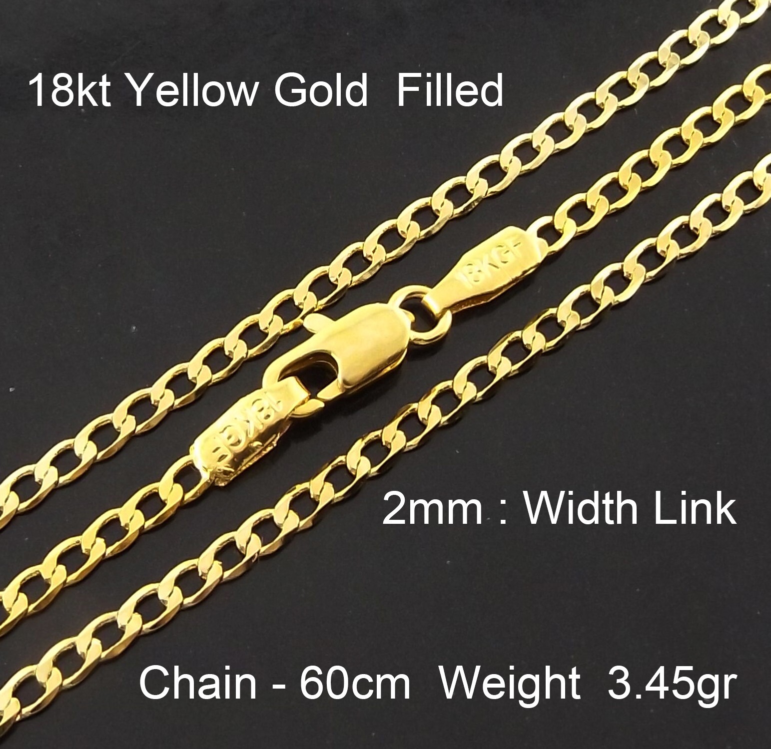 Necklace Real 18Kt Yellow Gold Filled Solid 2mm Curb Cuban Chain 60 cm : 24 inch