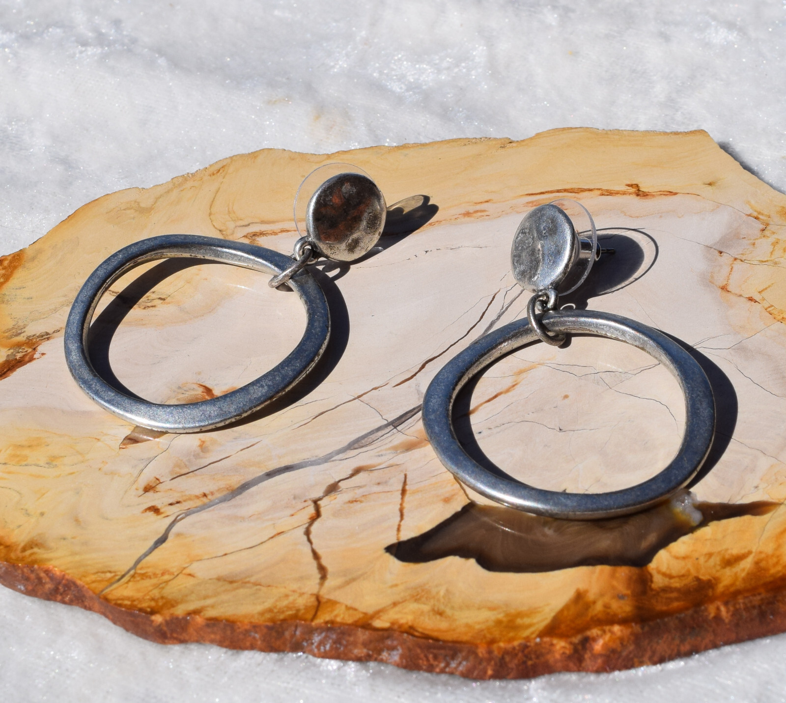 Hammered Circle and Wavy Circle Earrings Silver Tone 1 1/4 Inch Diameter 1 3/4 L