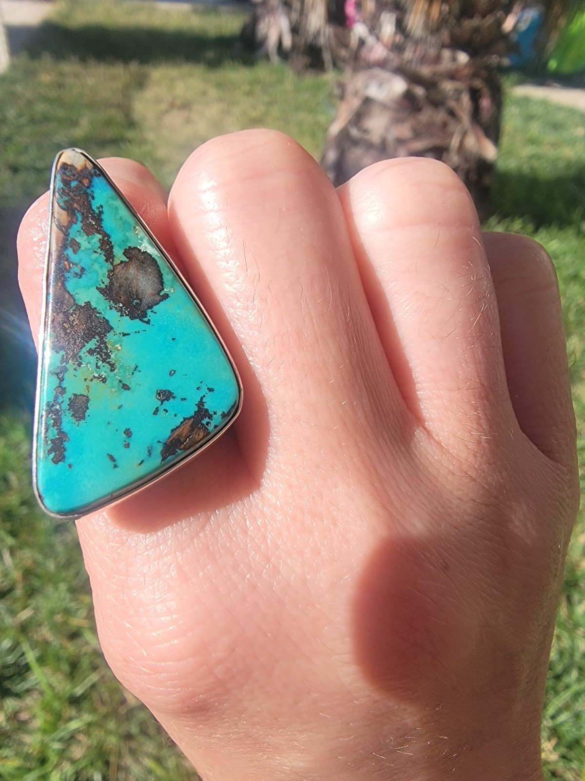 Big Blue Green Royston Turquoise Stone Adjustable Ring Signed 925 Sterling 13.5g
