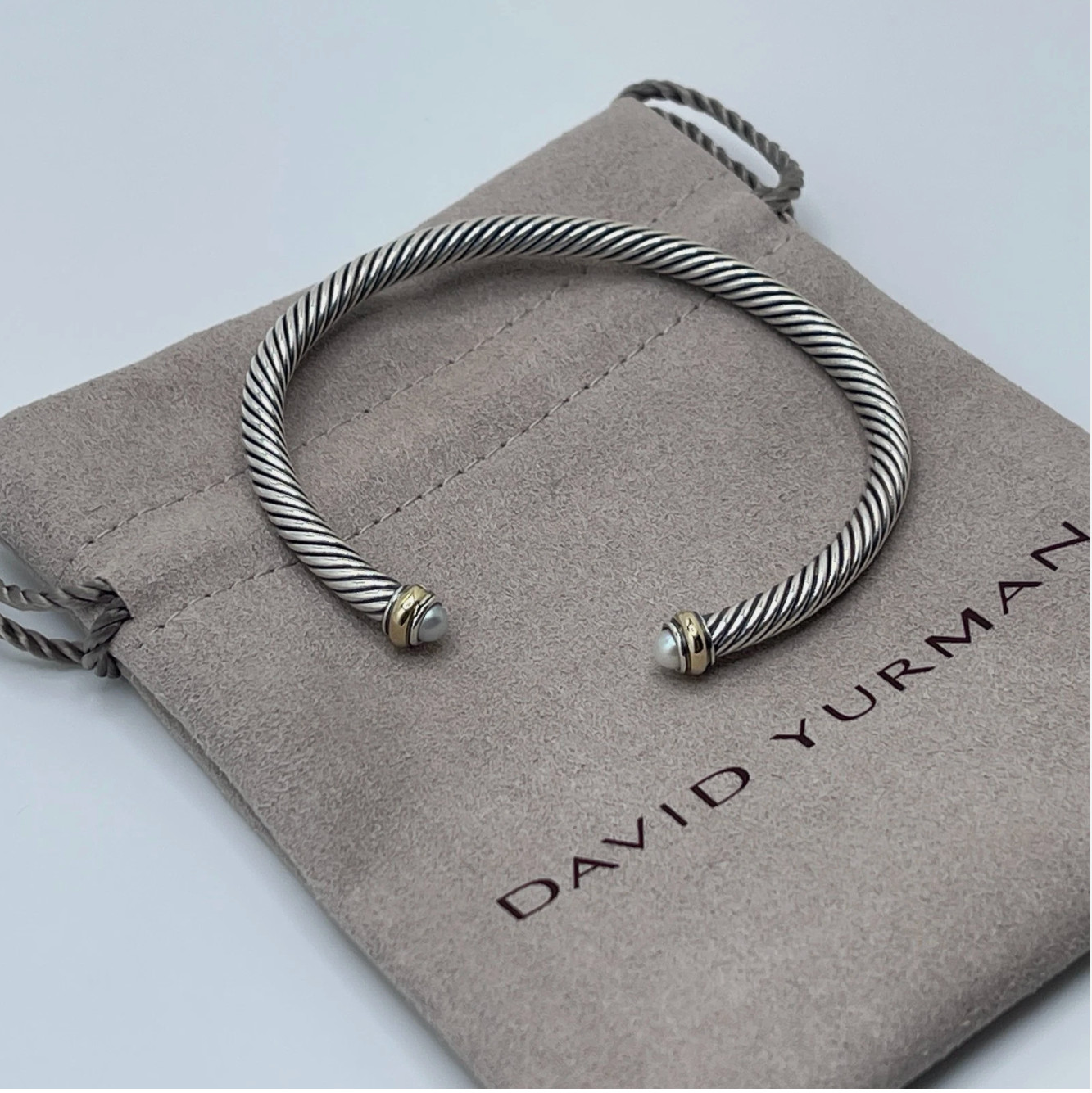 David 4mm Cable 925 Sterling Silver Pearls and 18K Yellow Gold Bracelet