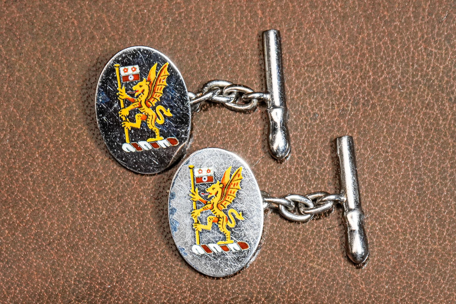 Striking Hand Painted Enamel Sterling Silver Antique English Cufflinks Armorial
