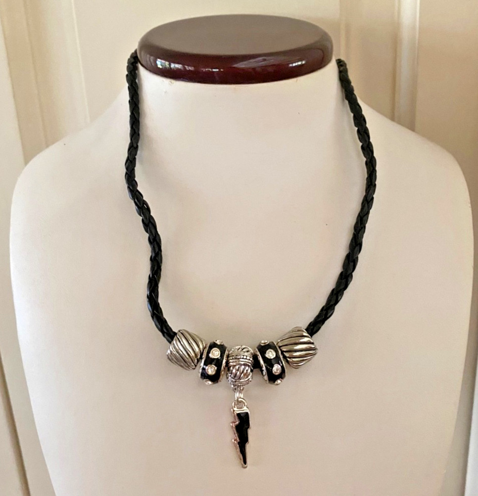 Brighton Silver Black Lightning Bolt Necklace Enamel Crystal Charm JewelryUnisex