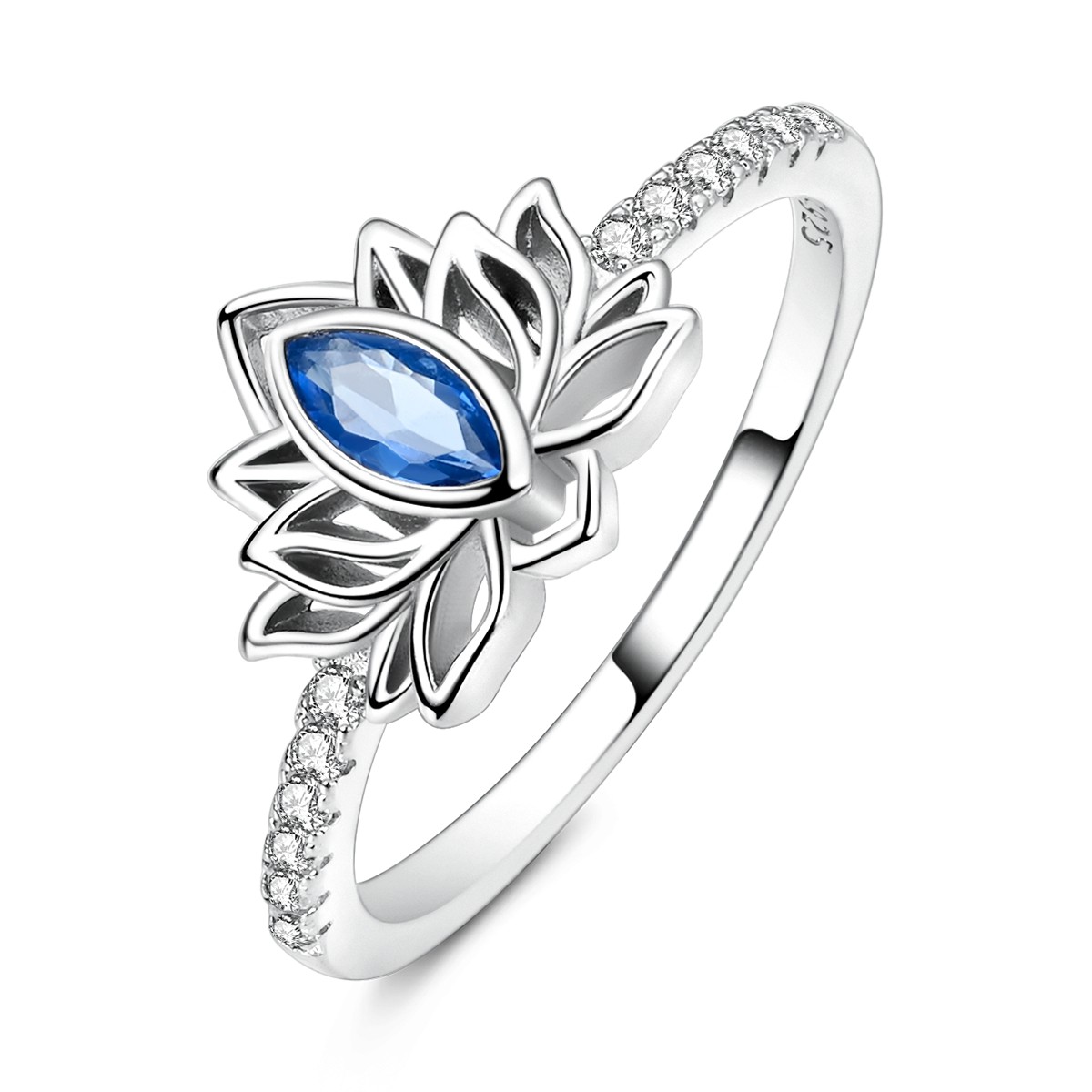 LAZA Original 925 Sterling Silver Ring Sparkling Blue CZ Lotus for Women Jewelry