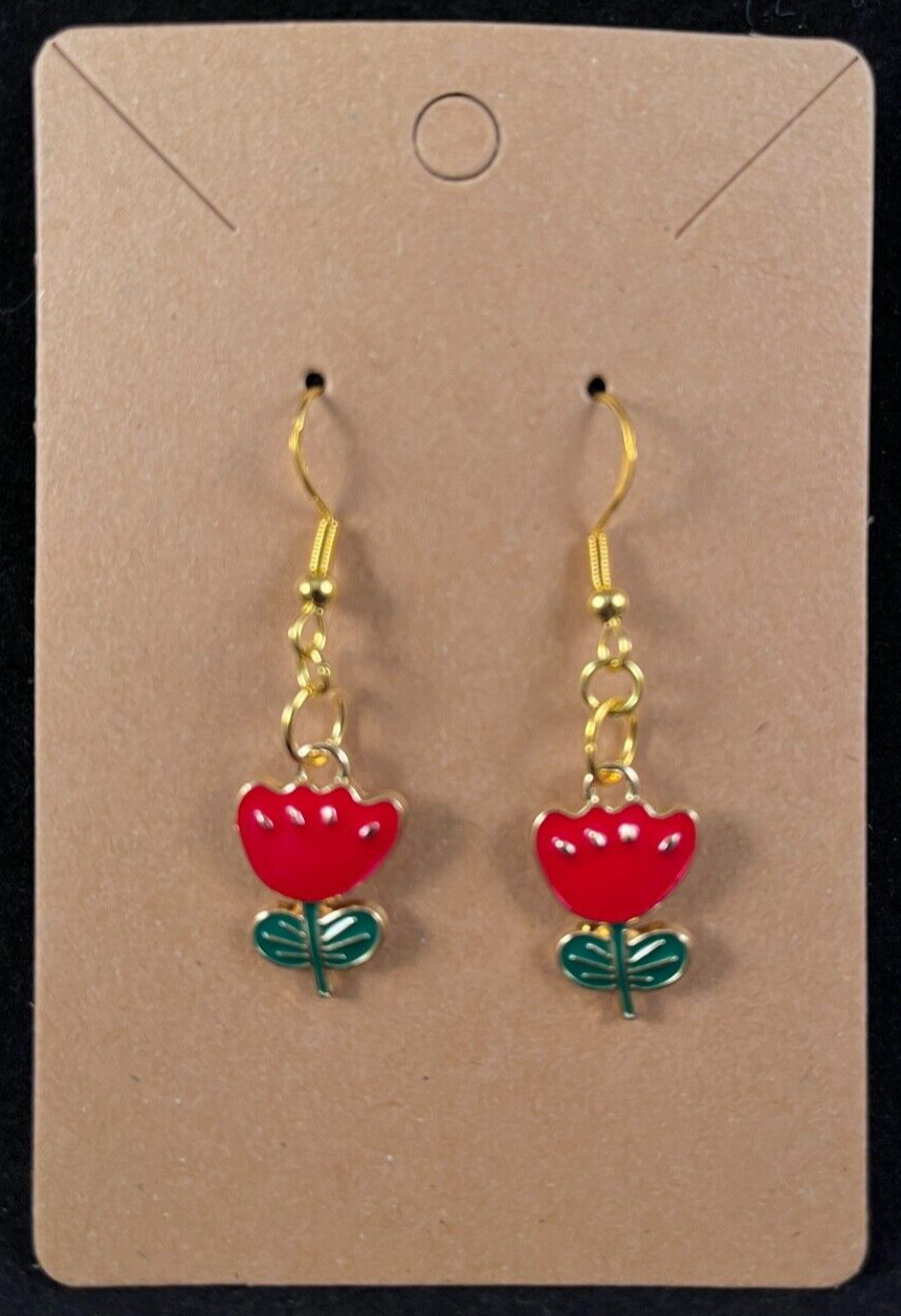 Red Four Petal Flower Earrings – Dangle – Gold Hook – Handmade – Valentine – E