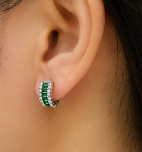 2ct Baguette Simulated Green Emerald/Diamond Hoop Earrings 14k White Gold Plated