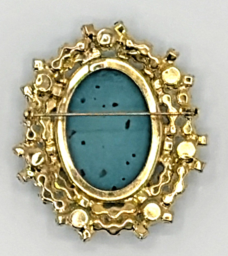 JULIANA D&E Molded Turquoise Glass & Rhinestone Flower Brooch Reference #484