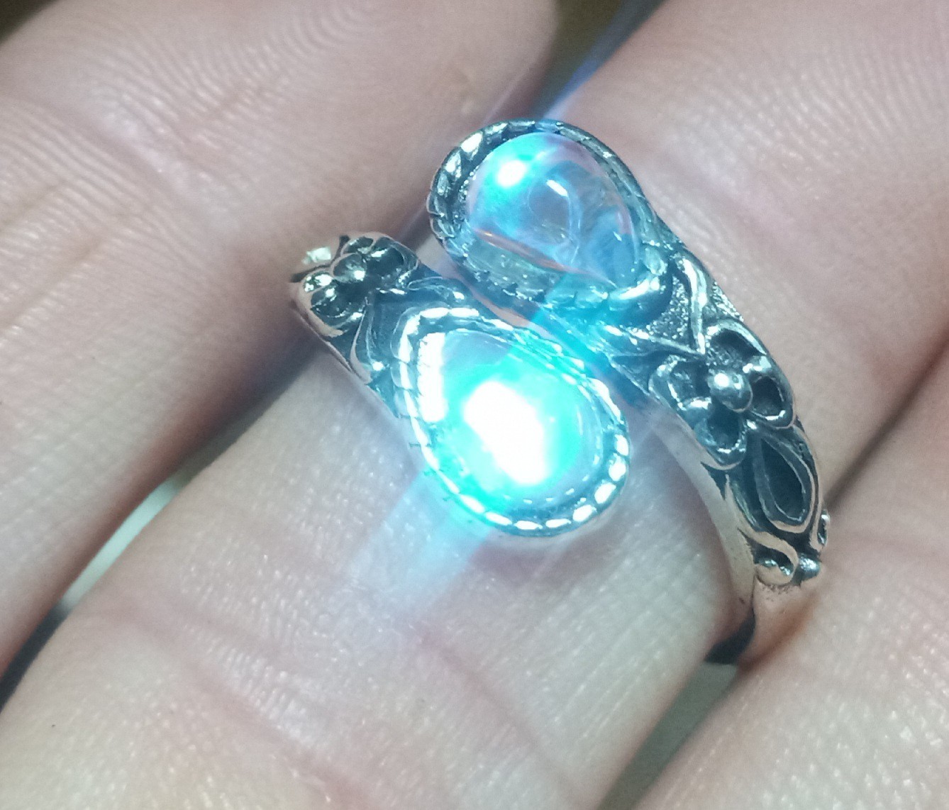 Classy Silver Tone Bypass Cocktail Ring Bezel 2 Blue Teardrop Opals Adjustable