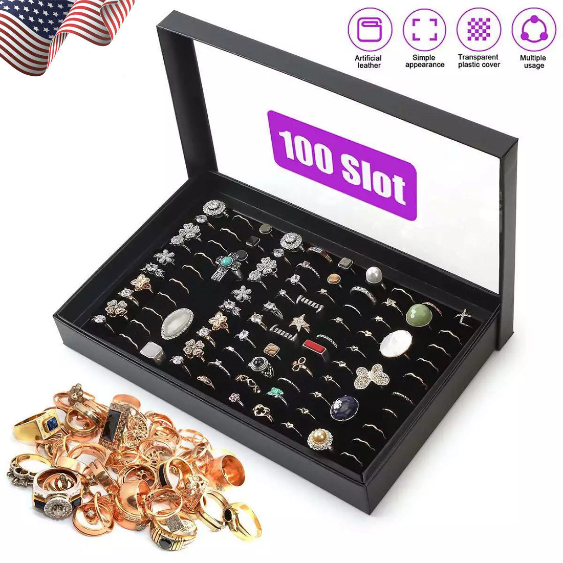 100 Slots Jewelry Ring Display Organizer Tray Holder Earrings Storage Box Case