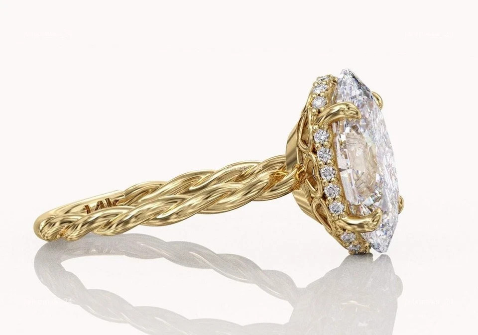 White Moissanite 4.20 Ct Oval Cut Hidden Halo Engagement Ring 14K Yellow Gold FN