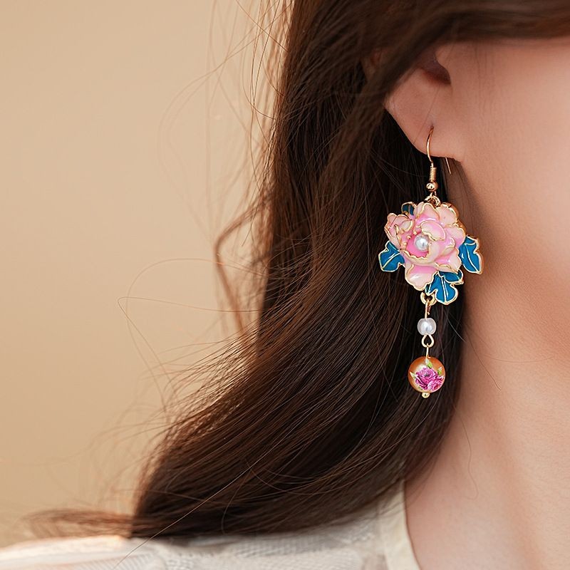 New Chinese Enamel Painted Flower Pearl Tassel Earrings