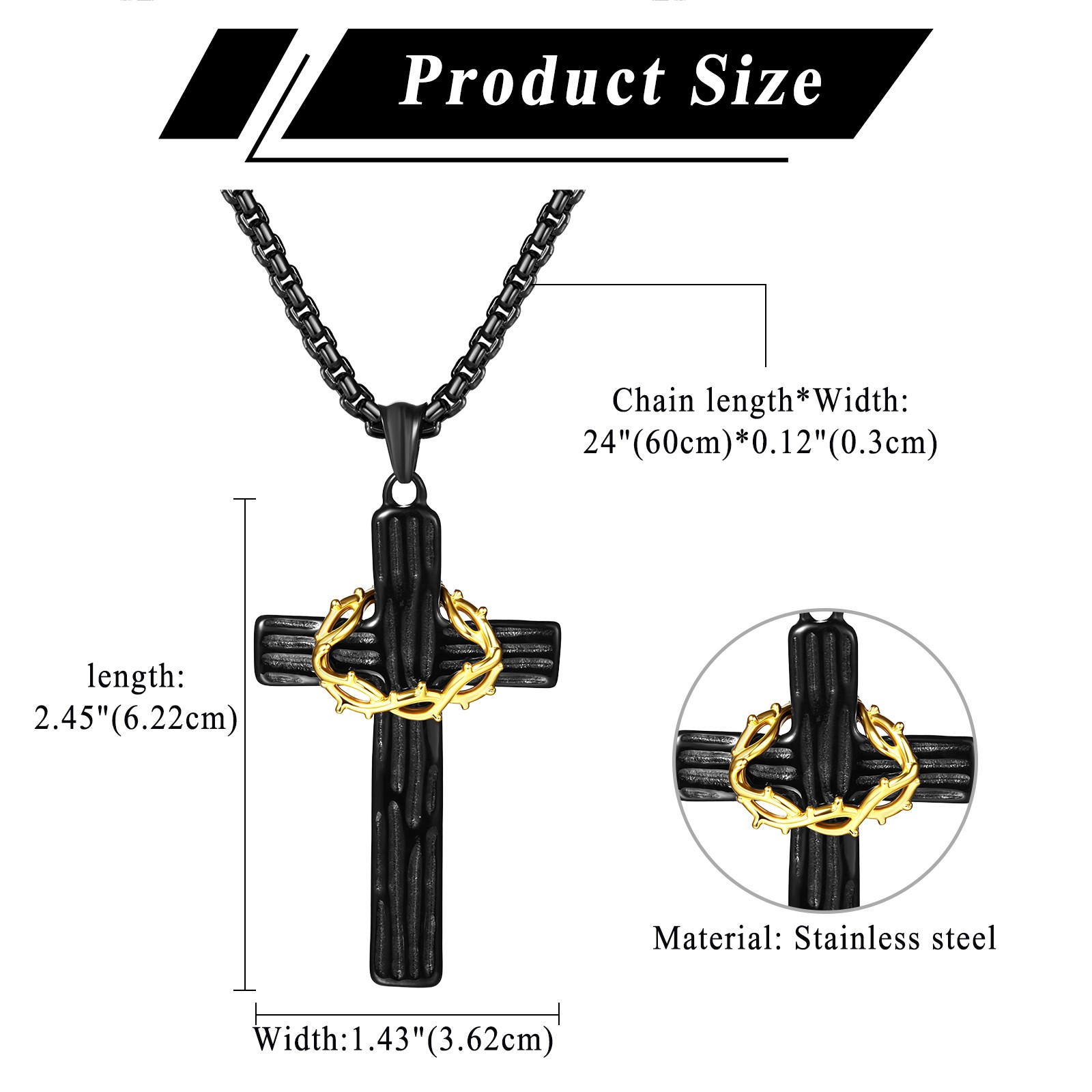 Men’s Black&Silver Cross Thorn Crown Necklace Religious Pendant Stainless Steel
