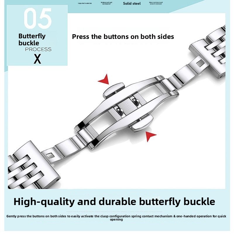 Solid Stainless Steel Watch Band Strap Butterfly Clasp Bracelet 12-22mm with Arc