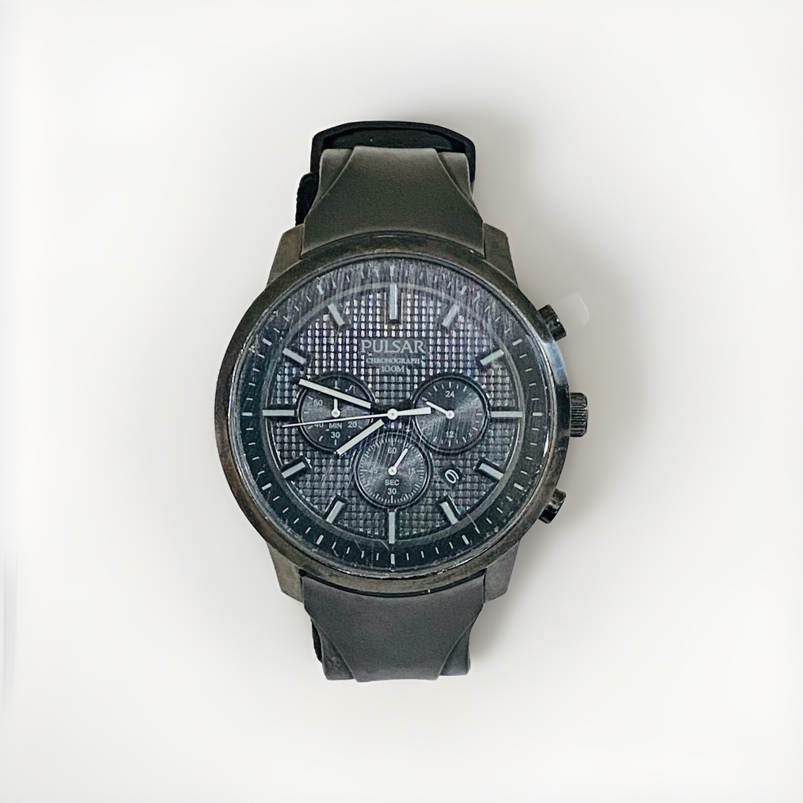Pulsar Chronograph Watch Men 100m Black Dial Black Tone Date Round