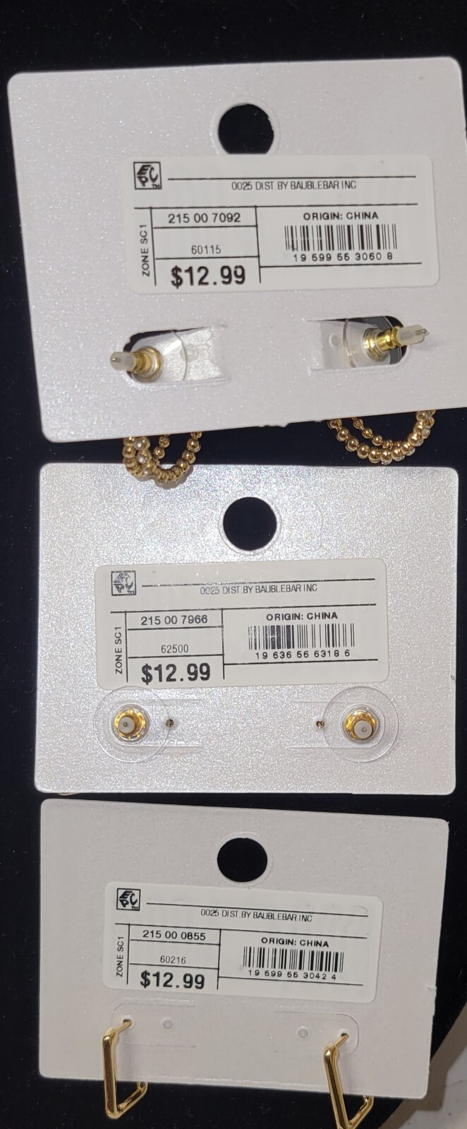 Lot Of 3 Sugar Fix By Baublebar Earrings- Pierced/Post Backing Nickel Free NEW