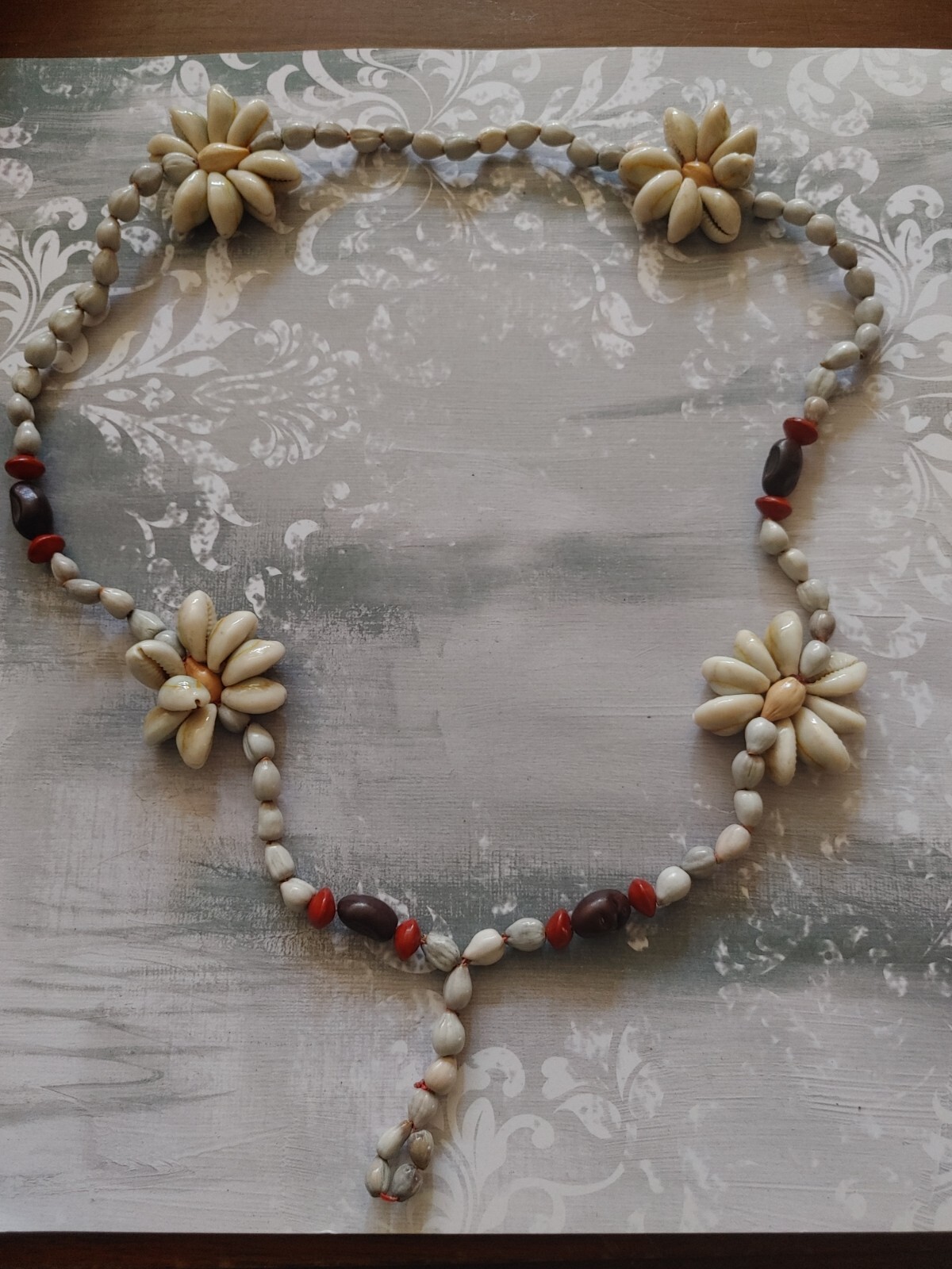 Vintage necklace light gray Job’s Tears natural seeds cowrie shell flowers 28″