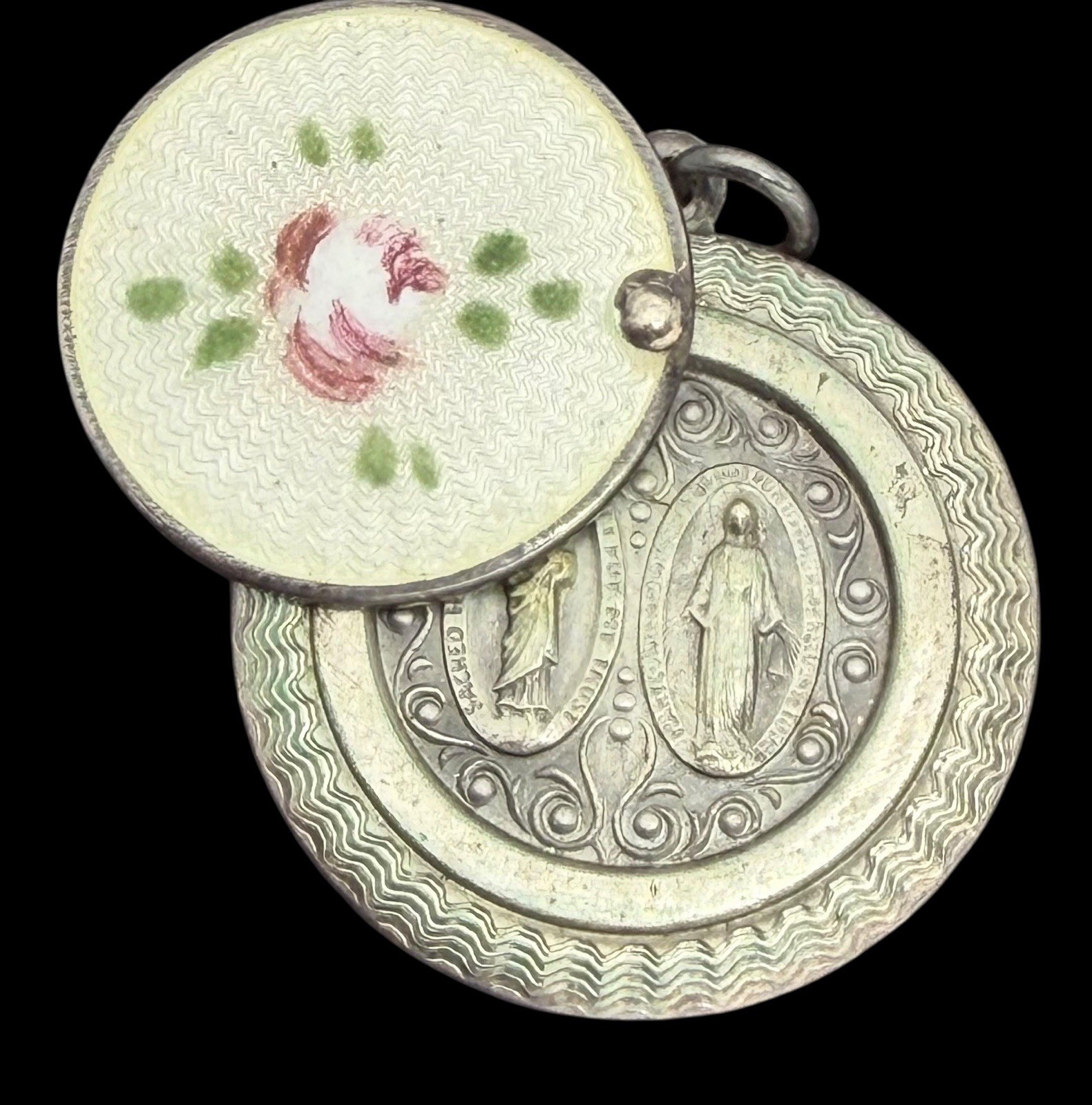 VINTAGE STERLING SILVER VIRGIN MARY & JESUS ENAMEL ROSE CHARM PENDANT 24.7mm