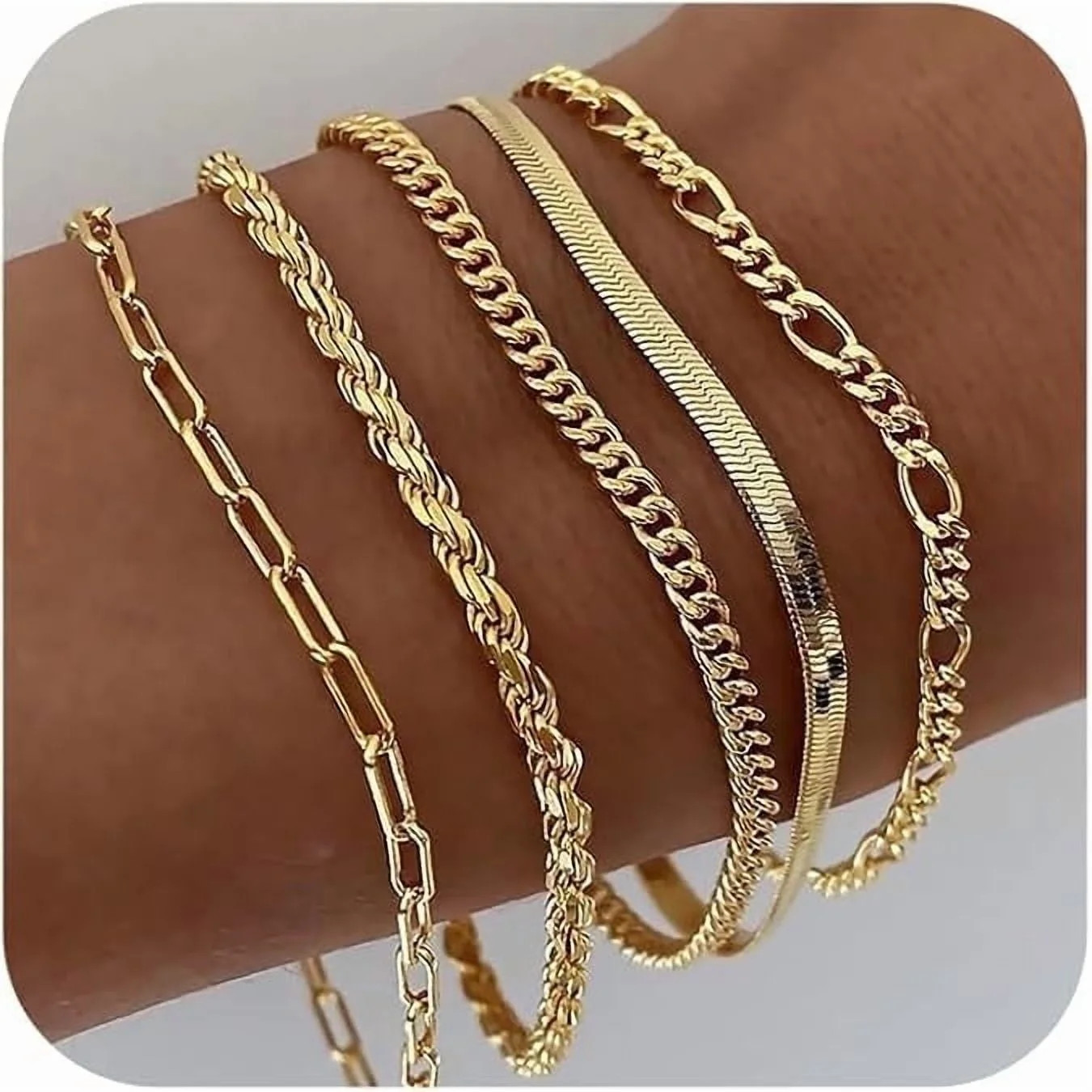 14K Gold Plated Bracelets Women Cuban Link Paperclip Chain Stackable Set