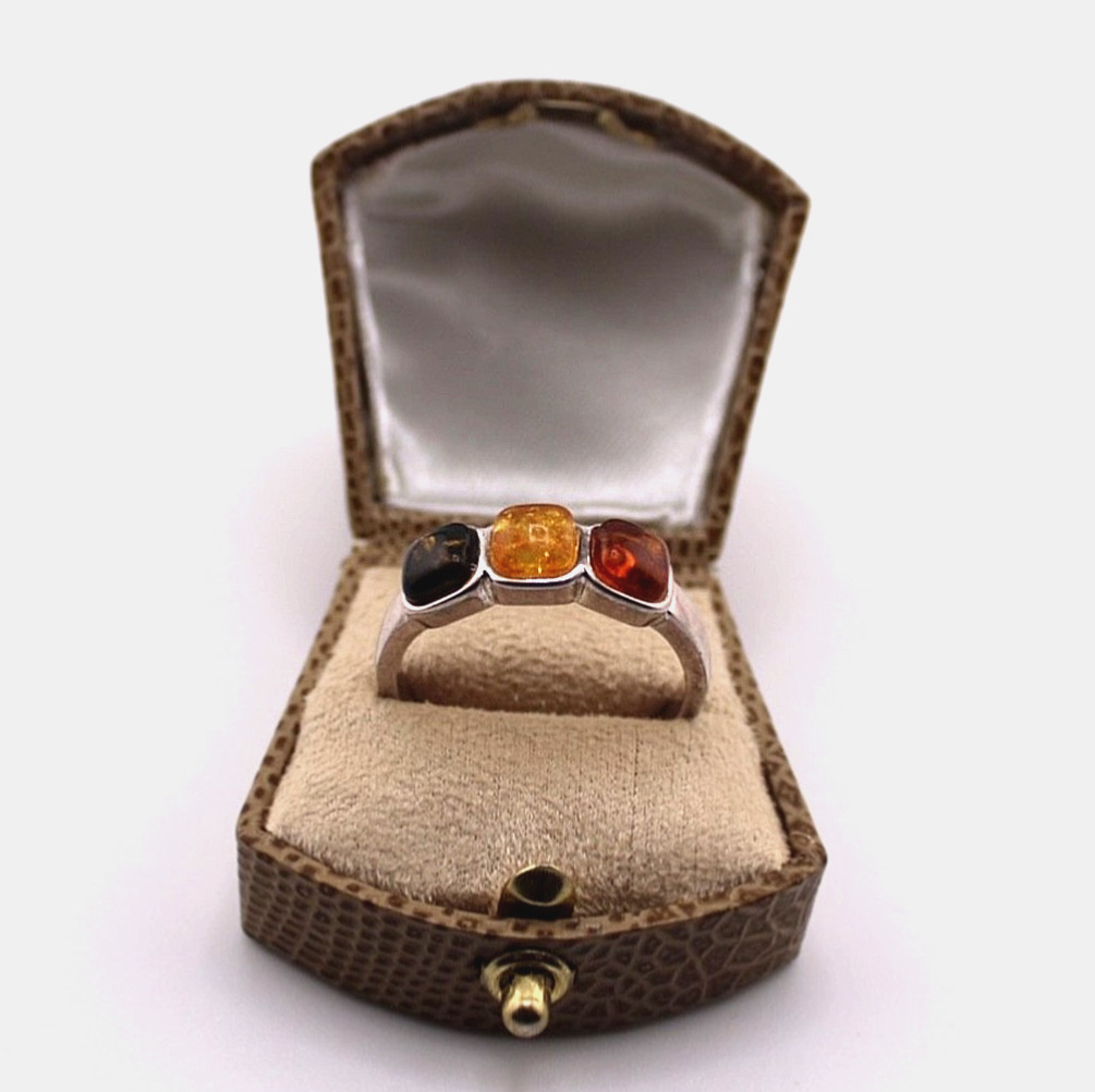 33082 Vintage 925 Silver Multicolored Baltic Amber Trilogy Ring Size Z
